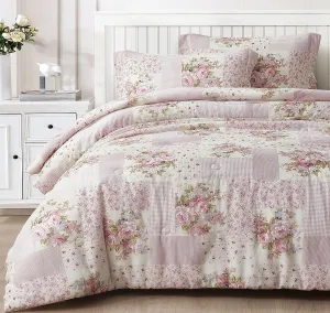 Chezmoi Collection Rosy 3-Piece Queen Size Washed Cotton Comforter Set - Floral Bedding Set Ivory Green Pink Flower Polka Dot Printed Patchwork Reversible Lightweight Comforter for All Season