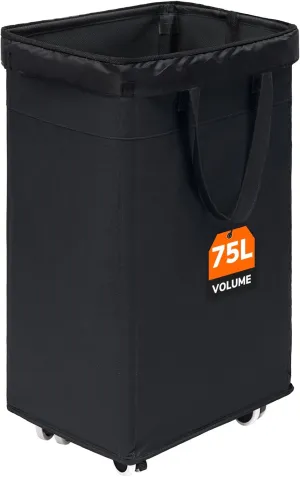 CHICVITA 75L Slim Laundry Hamper with Wheels and Removable Wash Bag, Black Rolling Basket with Handle for Laundry Room