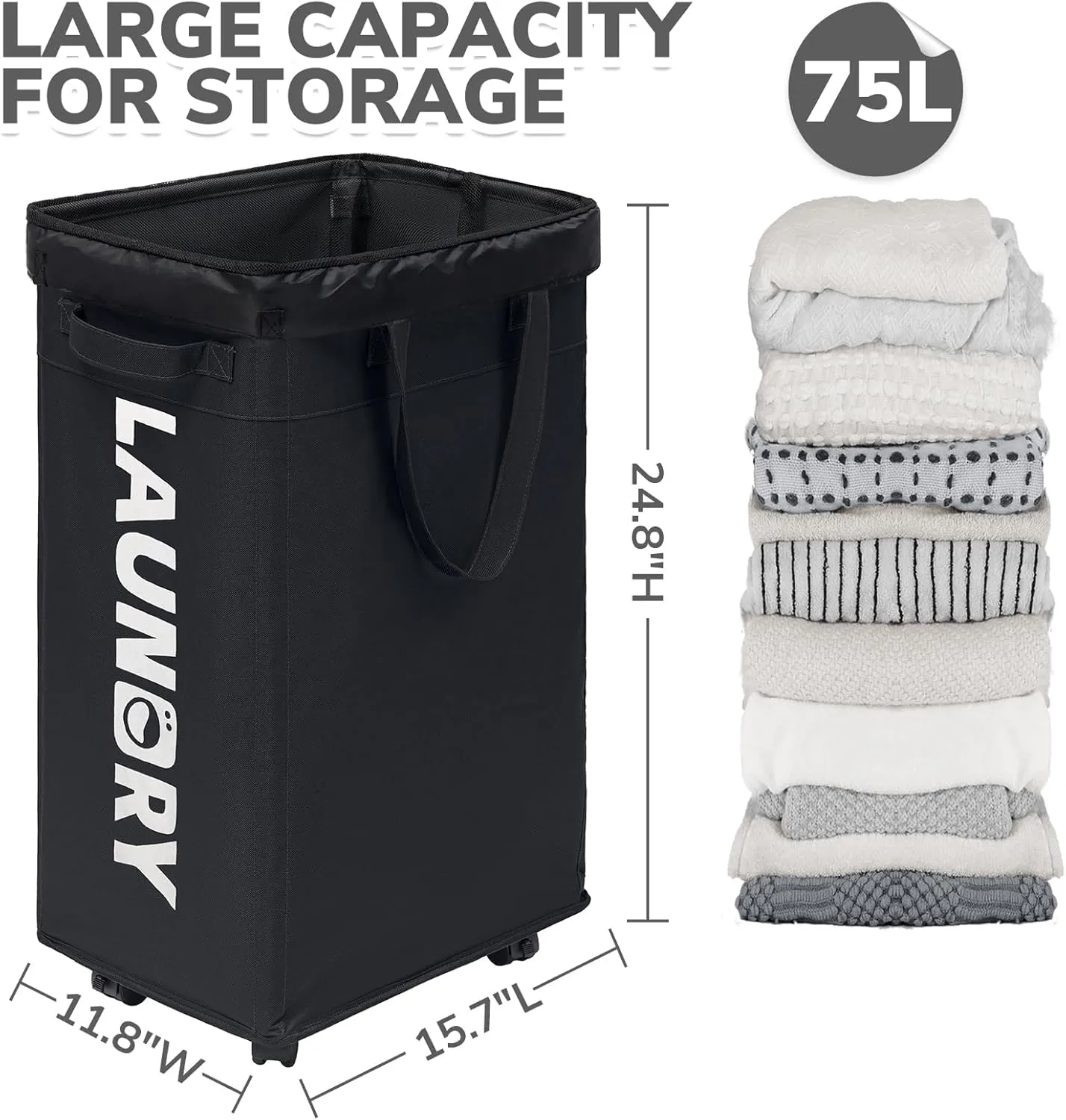 CHICVITA 75L Slim Laundry Hamper with Wheels and Removable Wash Bag, Black Rolling Basket with Handle for Laundry Room