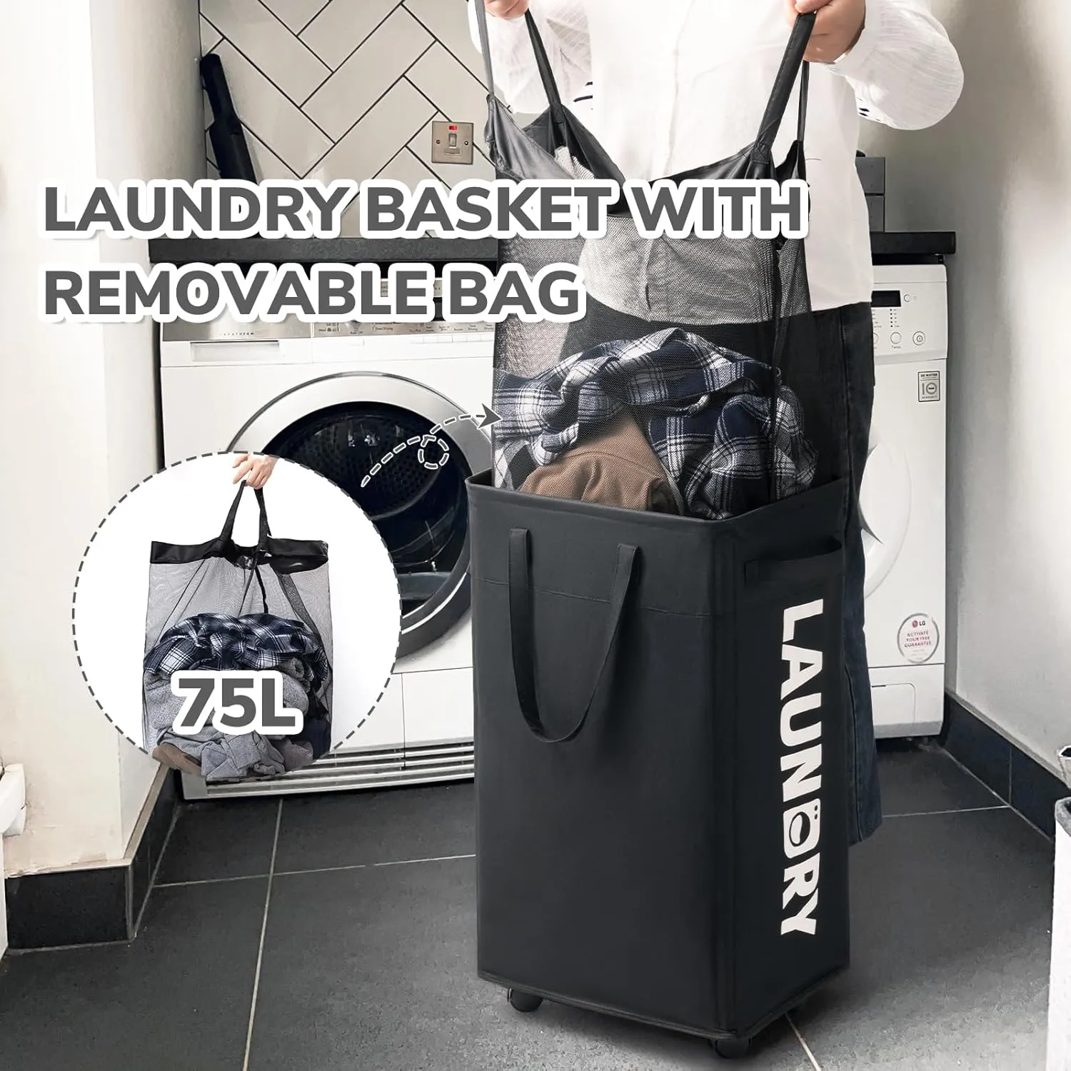 CHICVITA 75L Slim Laundry Hamper with Wheels and Removable Wash Bag, Black Rolling Basket with Handle for Laundry Room