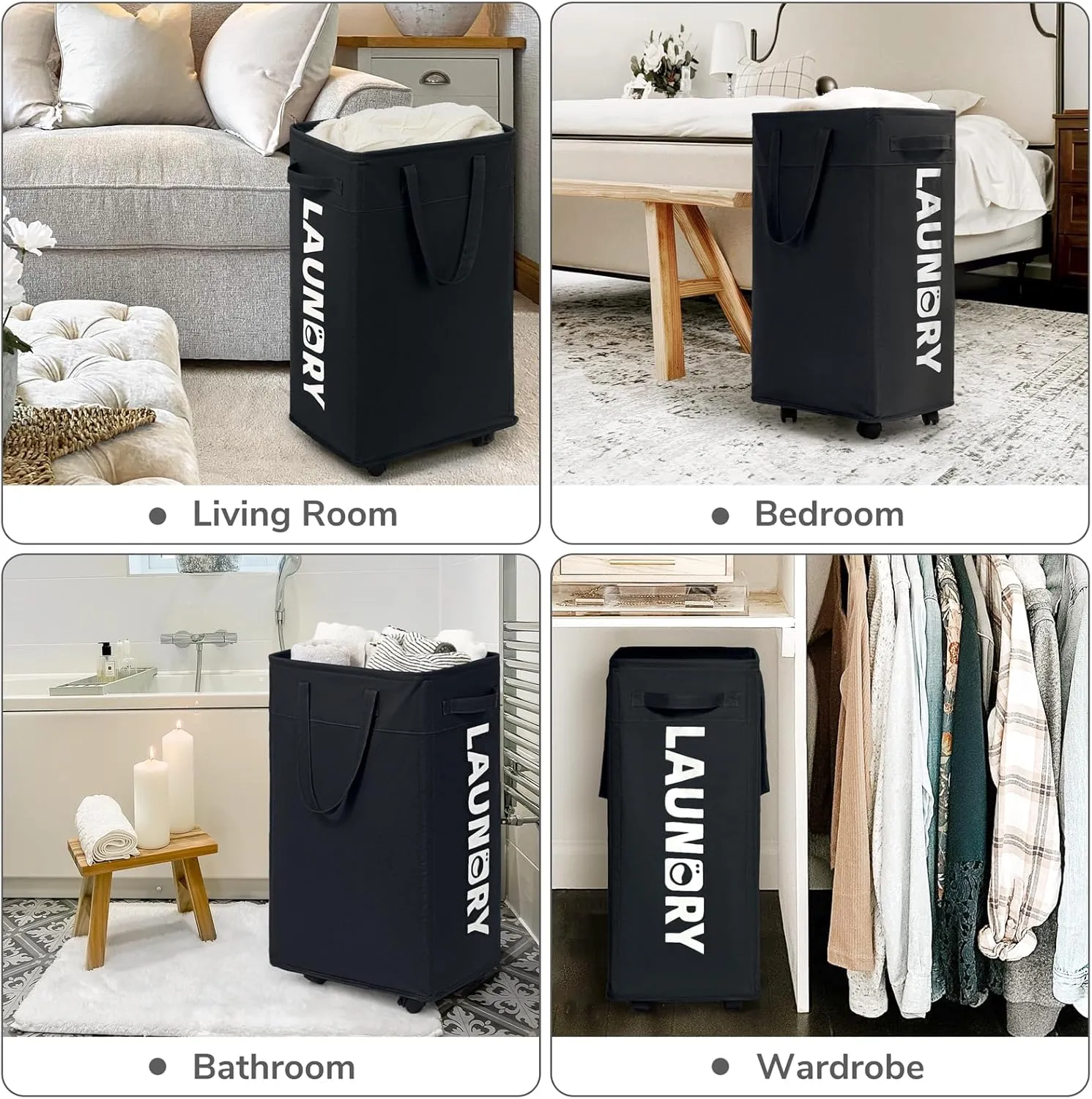 CHICVITA 75L Slim Laundry Hamper with Wheels and Removable Wash Bag, Black Rolling Basket with Handle for Laundry Room