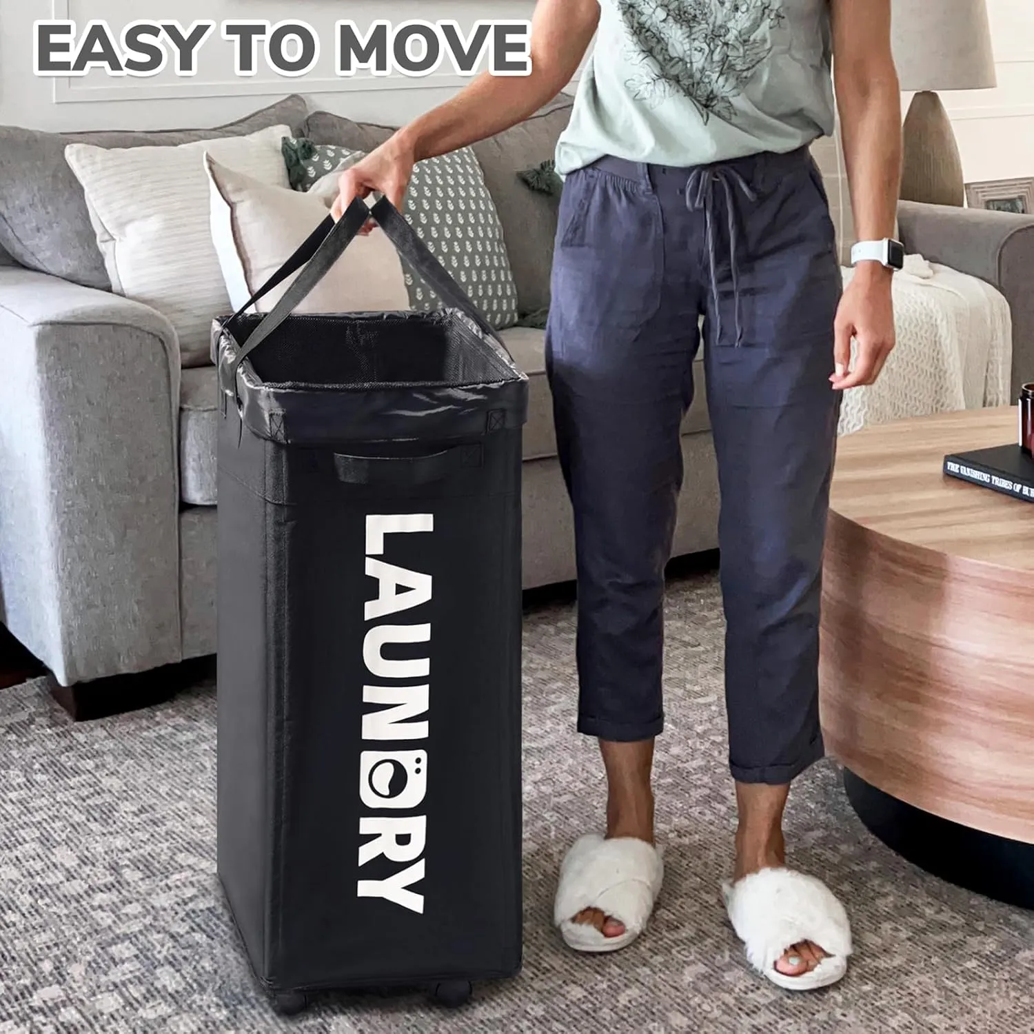 CHICVITA 75L Slim Laundry Hamper with Wheels and Removable Wash Bag, Black Rolling Basket with Handle for Laundry Room