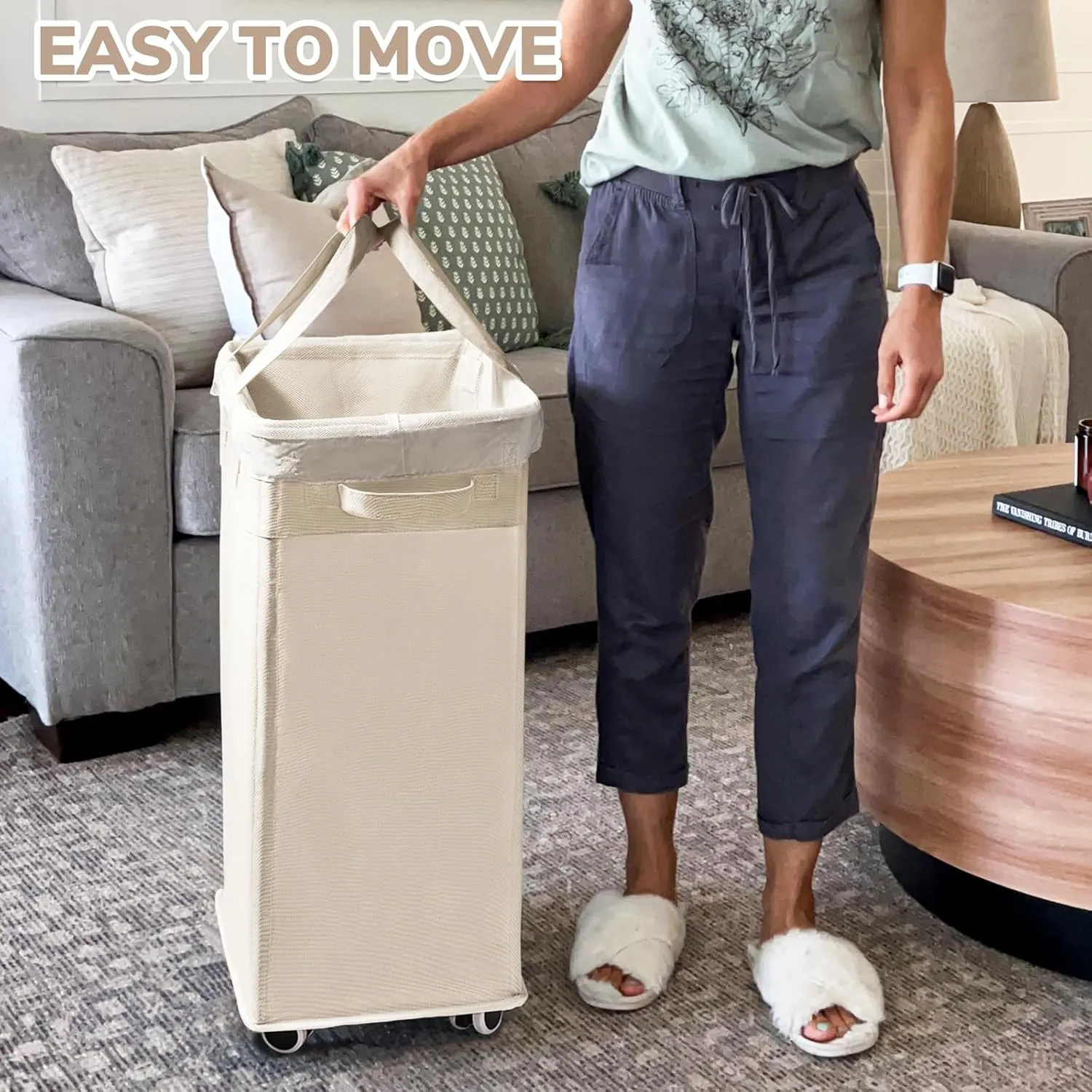 CHICVITA Collapsible Laundry Basket on Wheels 75L, Slim Laundry Hamper with Removable Wash Bag for Bedroom, Clothes Hampers for Laundry, Ivory
