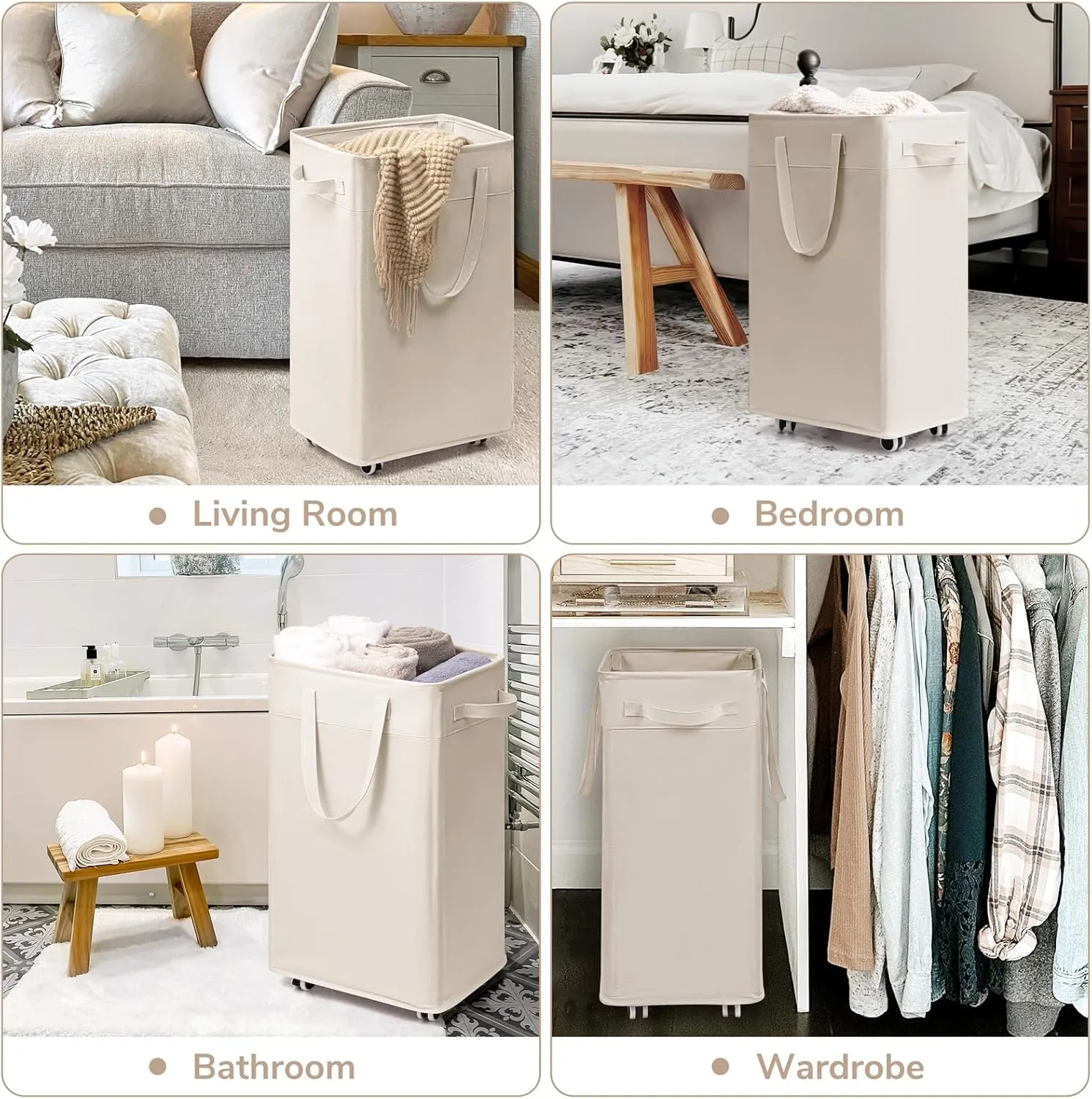 CHICVITA Collapsible Laundry Basket on Wheels 75L, Slim Laundry Hamper with Removable Wash Bag for Bedroom, Clothes Hampers for Laundry, Ivory