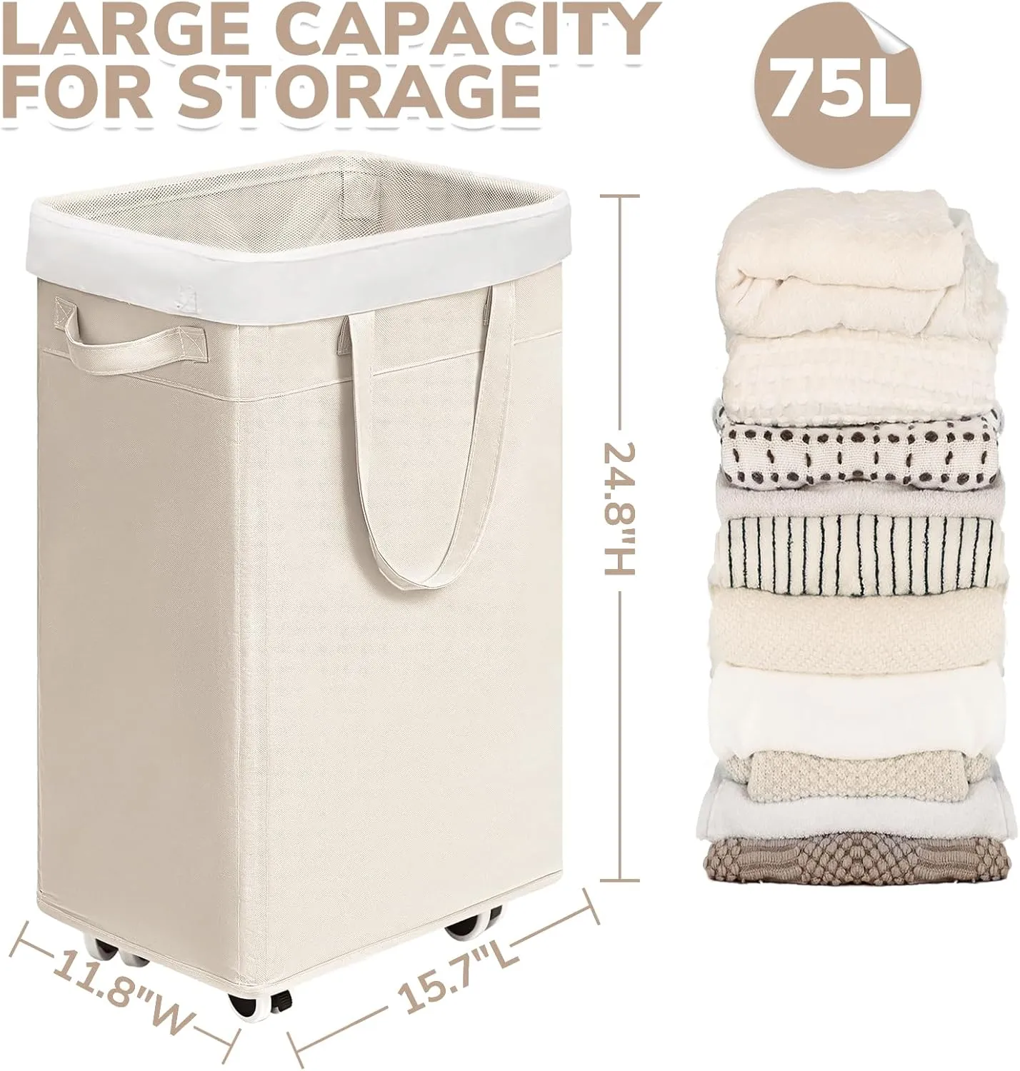 CHICVITA Collapsible Laundry Basket on Wheels 75L, Slim Laundry Hamper with Removable Wash Bag for Bedroom, Clothes Hampers for Laundry, Ivory