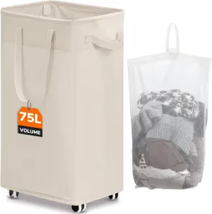 CHICVITA Collapsible Laundry Basket on Wheels 75L, Slim Laundry Hamper with Removable Wash Bag for Bedroom, Clothes Hampers for Laundry, Ivory