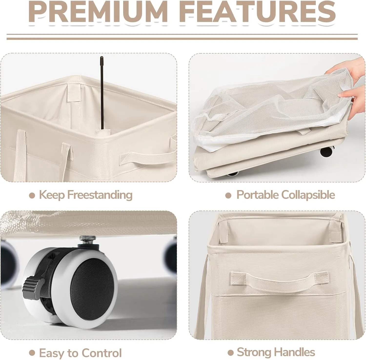 CHICVITA Collapsible Laundry Basket on Wheels 75L, Slim Laundry Hamper with Removable Wash Bag for Bedroom, Clothes Hampers for Laundry, Ivory