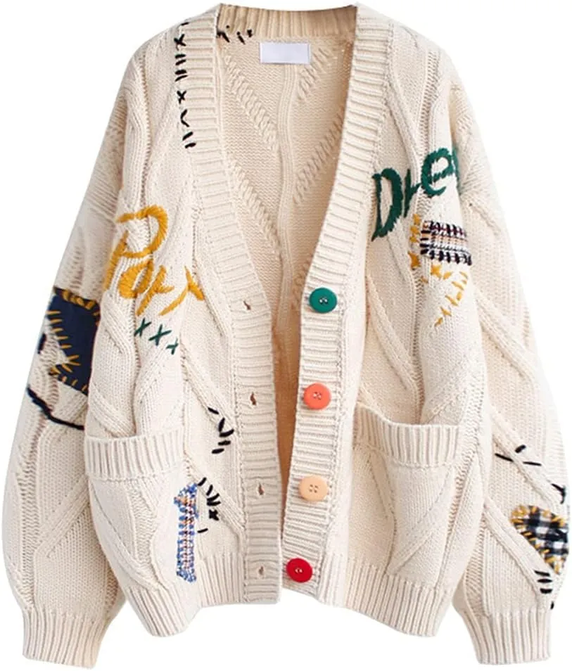 chouyatou Women's Cable Knit Embroidery Patchwork Cardigan V Neck Long Sleeve Open Front Button Down Sweater