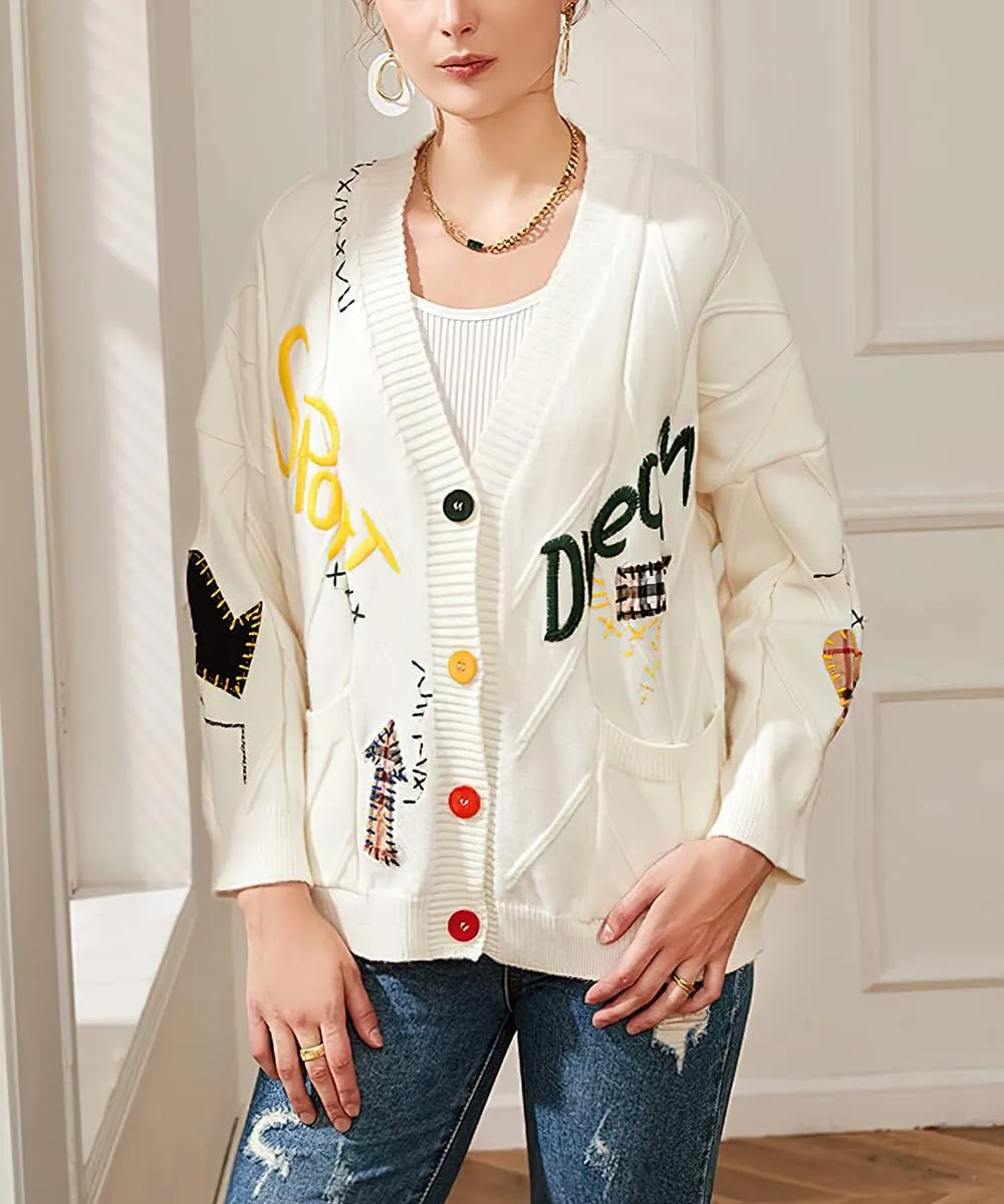 chouyatou Women's Cable Knit Embroidery Patchwork Cardigan V Neck Long Sleeve Open Front Button Down Sweater