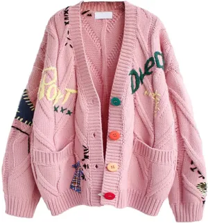chouyatou Women's Cable Knit Embroidery Patchwork Cardigan V Neck Long Sleeve Open Front Button Down Sweater