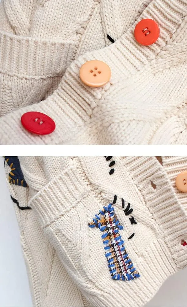 chouyatou Women's Cable Knit Embroidery Patchwork Cardigan V Neck Long Sleeve Open Front Button Down Sweater