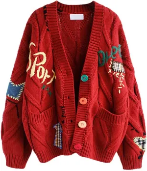 chouyatou Women's Cable Knit Embroidery Patchwork Cardigan V Neck Long Sleeve Open Front Button Down Sweater