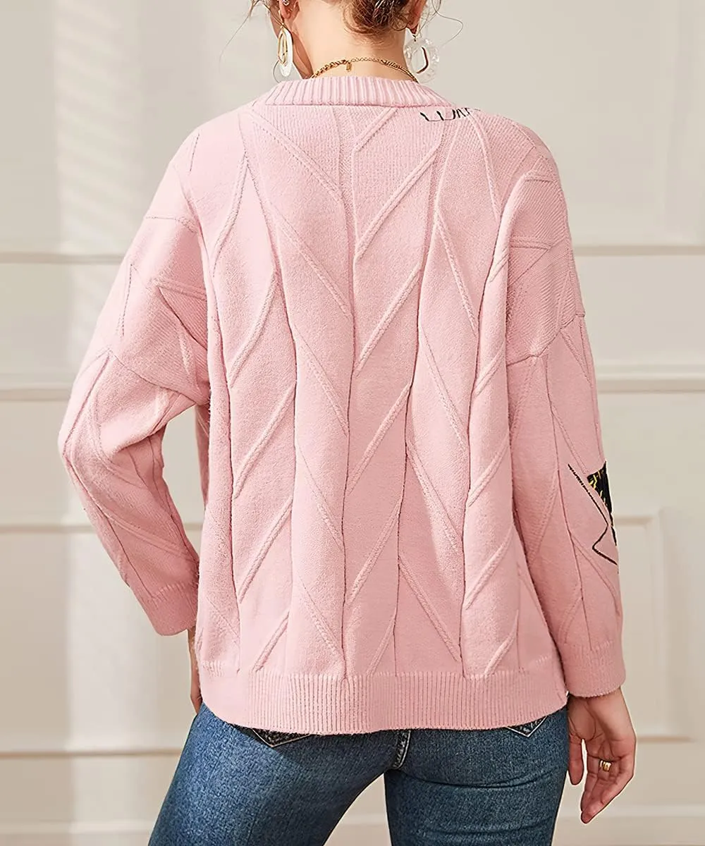 chouyatou Women's Cable Knit Embroidery Patchwork Cardigan V Neck Long Sleeve Open Front Button Down Sweater