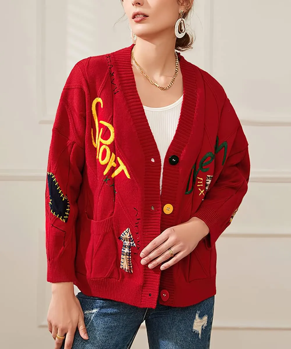 chouyatou Women's Cable Knit Embroidery Patchwork Cardigan V Neck Long Sleeve Open Front Button Down Sweater