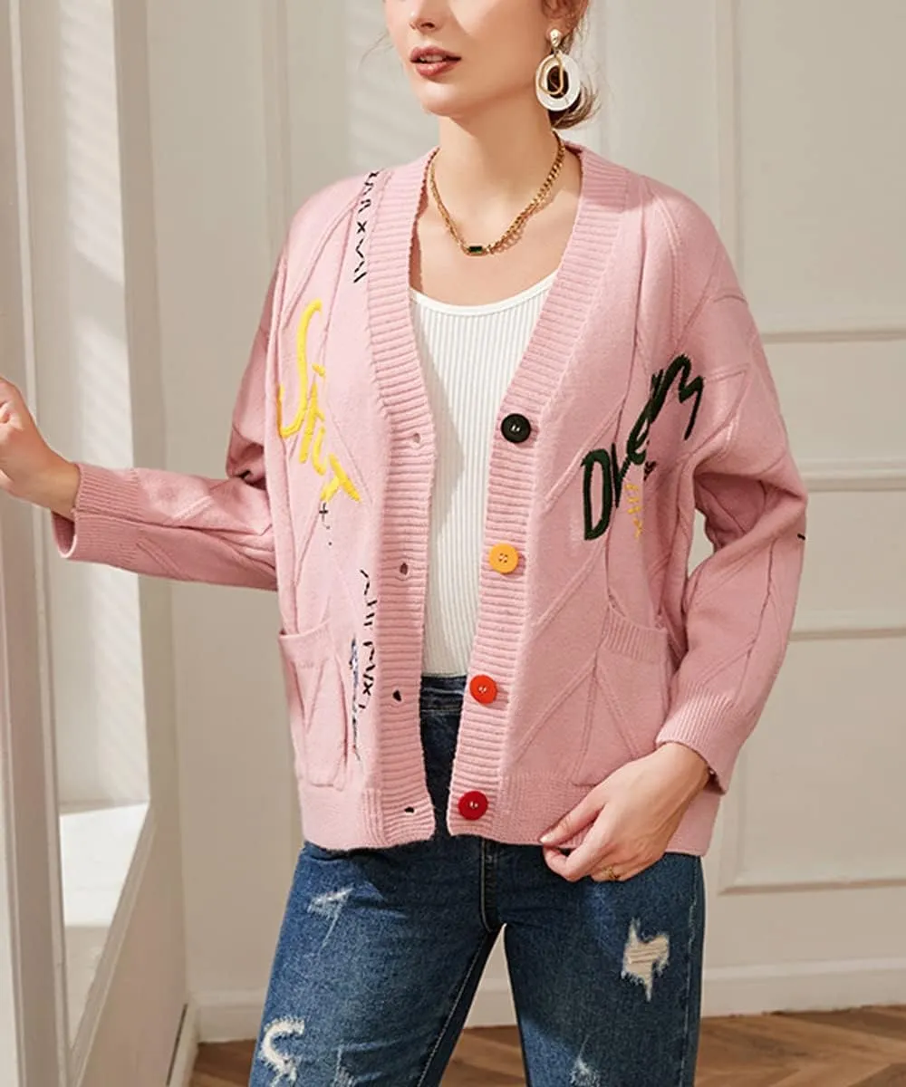 chouyatou Women's Cable Knit Embroidery Patchwork Cardigan V Neck Long Sleeve Open Front Button Down Sweater