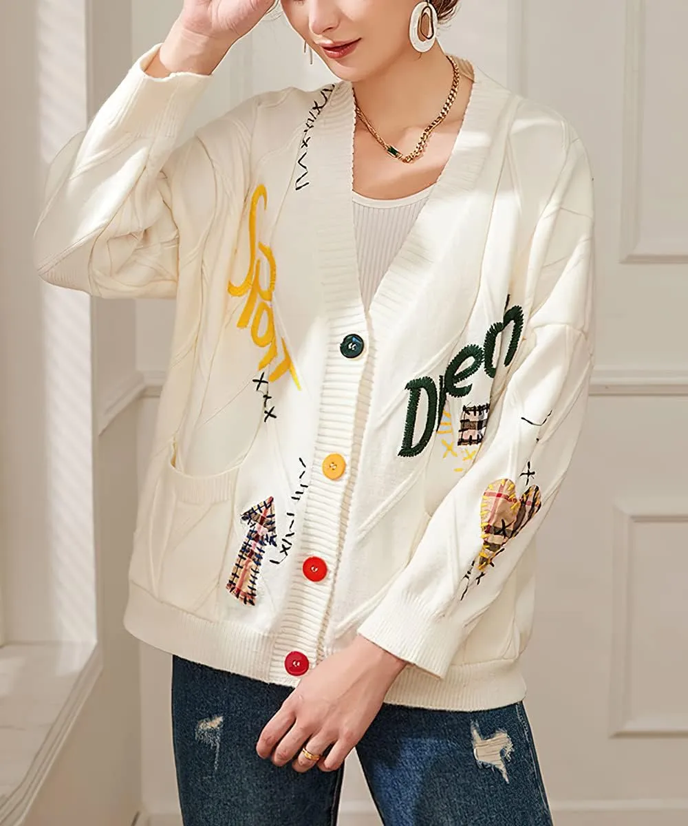 chouyatou Women's Cable Knit Embroidery Patchwork Cardigan V Neck Long Sleeve Open Front Button Down Sweater