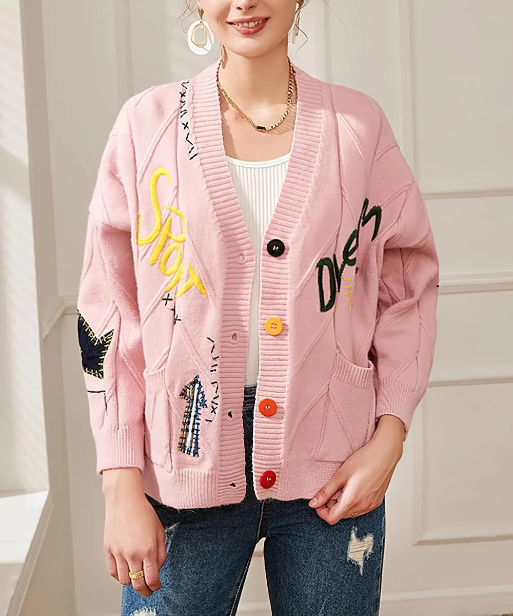 chouyatou Women's Cable Knit Embroidery Patchwork Cardigan V Neck Long Sleeve Open Front Button Down Sweater