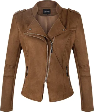 chouyatou Women's Candy Color Asymmetric Zip Slim Faux Leather Cropped Moto Jacket