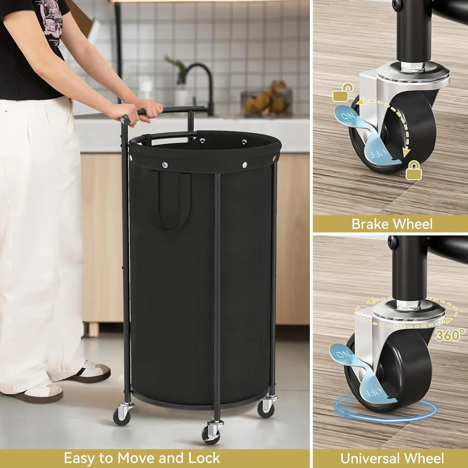 Chrislley 110L Laundry Hamper with Wheels,Rolling Laundry Basket with Removable Bag,Round Iron Laundry Cart with Steel Frame and Handle,Dirty Clothes Hamper Organizer for Dorm,Laundry Room(Black)
