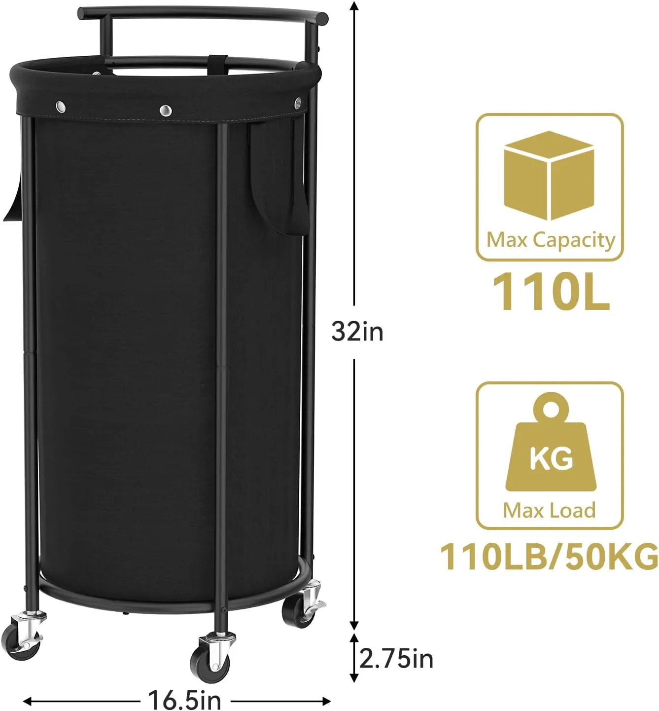 Chrislley 110L Laundry Hamper with Wheels,Rolling Laundry Basket with Removable Bag,Round Iron Laundry Cart with Steel Frame and Handle,Dirty Clothes Hamper Organizer for Dorm,Laundry Room(Black)