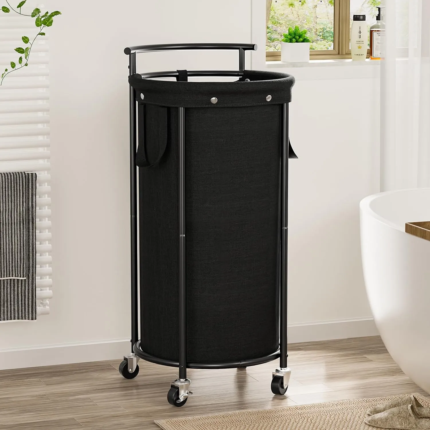 Chrislley 110L Laundry Hamper with Wheels,Rolling Laundry Basket with Removable Bag,Round Iron Laundry Cart with Steel Frame and Handle,Dirty Clothes Hamper Organizer for Dorm,Laundry Room(Black)