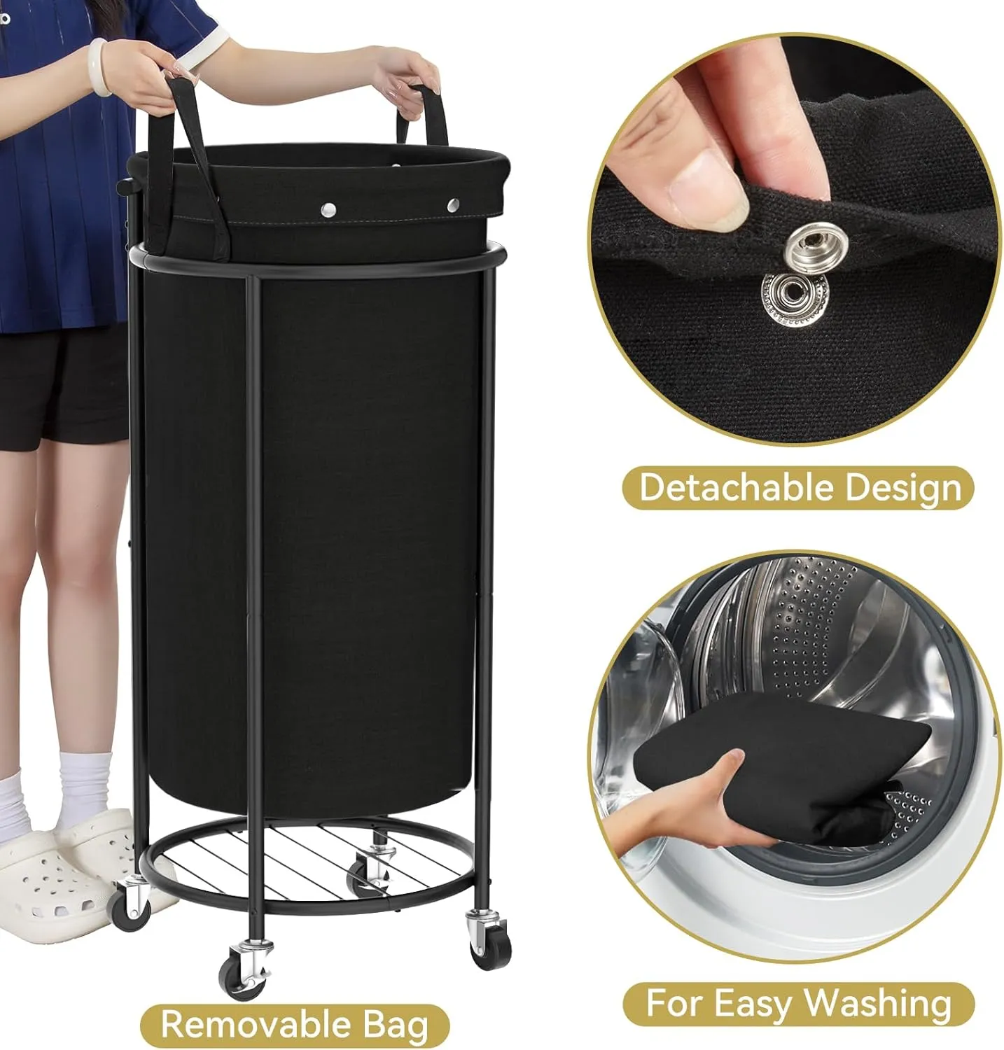 Chrislley 110L Laundry Hamper with Wheels,Rolling Laundry Basket with Removable Bag,Round Iron Laundry Cart with Steel Frame and Handle,Dirty Clothes Hamper Organizer for Dorm,Laundry Room(Black)