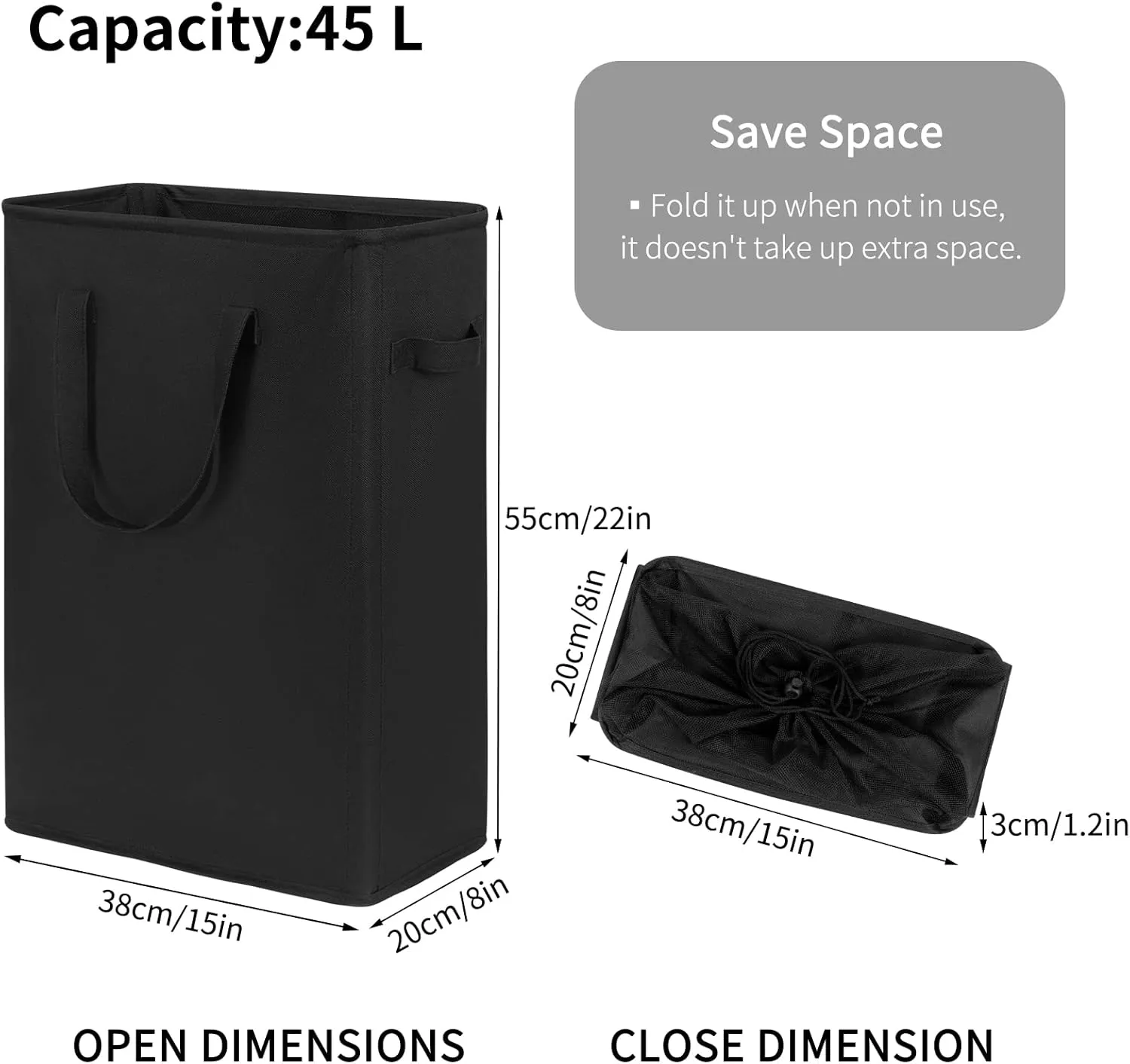 Chrislley 45L Slim Laundry Hamper Narrow Laundry Basket with Handle Foldable Dirty Clothes Portable Skinny Hamper Organizer Storage Bins (22 inches, black)