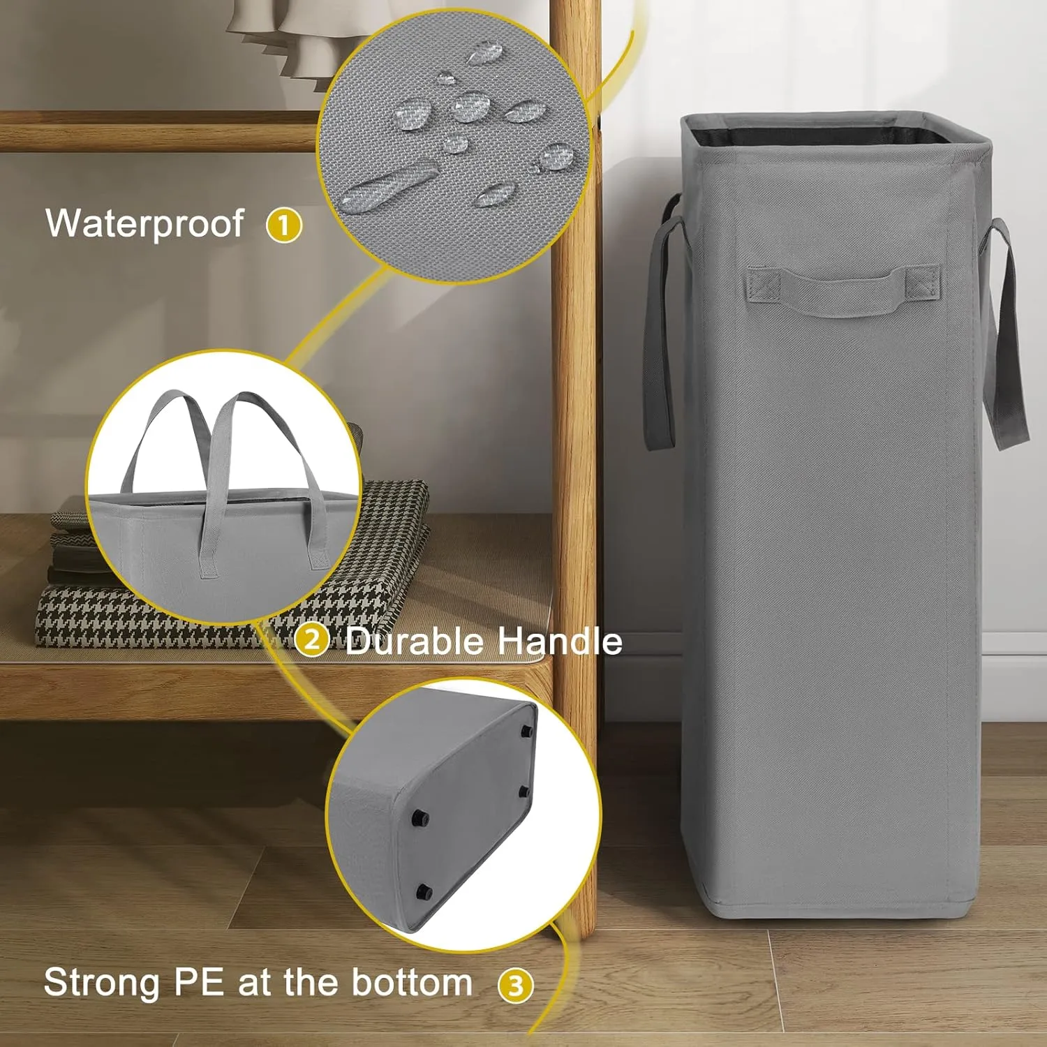 Chrislley 45L Slim Laundry Hamper Narrow Laundry Basket with Handle Foldable Dirty Clothes Portable Skinny Hamper Organizer Storage Bins (22 inches, grey)