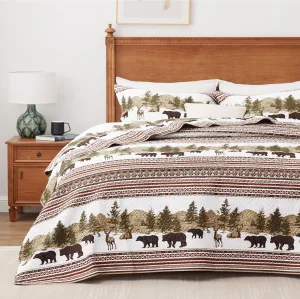 Christmas Cabin Quilt Sets Queen, 3-Piece Lightweight Reversible All Season Bear Quilt Set, Lodge Bedspread Queen Size Quilt with 2 Shams, Rustic Quilt Coverlet Bed Set