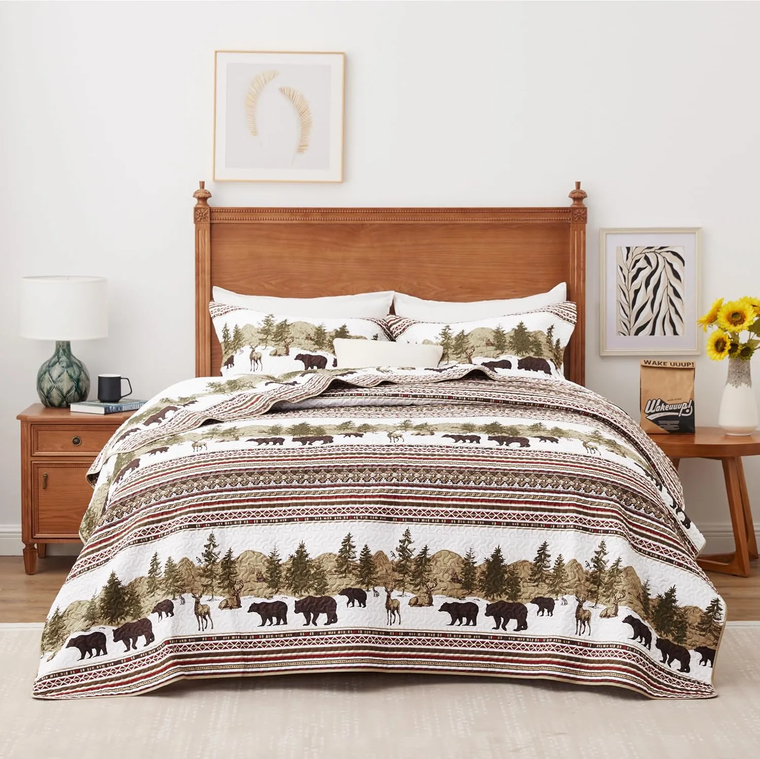 Christmas Cabin Quilt Sets Queen, 3-Piece Lightweight Reversible All Season Bear Quilt Set, Lodge Bedspread Queen Size Quilt with 2 Shams, Rustic Quilt Coverlet Bed Set