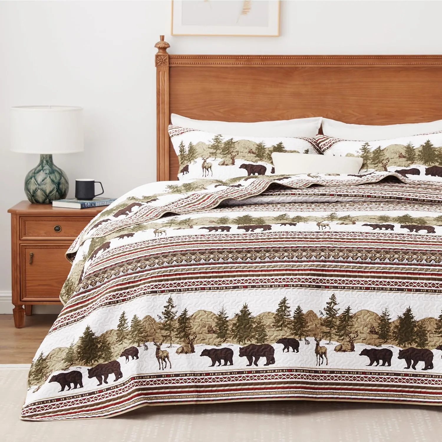 Christmas Cabin Quilt Sets Queen, 3-Piece Lightweight Reversible All Season Bear Quilt Set, Lodge Bedspread Queen Size Quilt with 2 Shams, Rustic Quilt Coverlet Bed Set