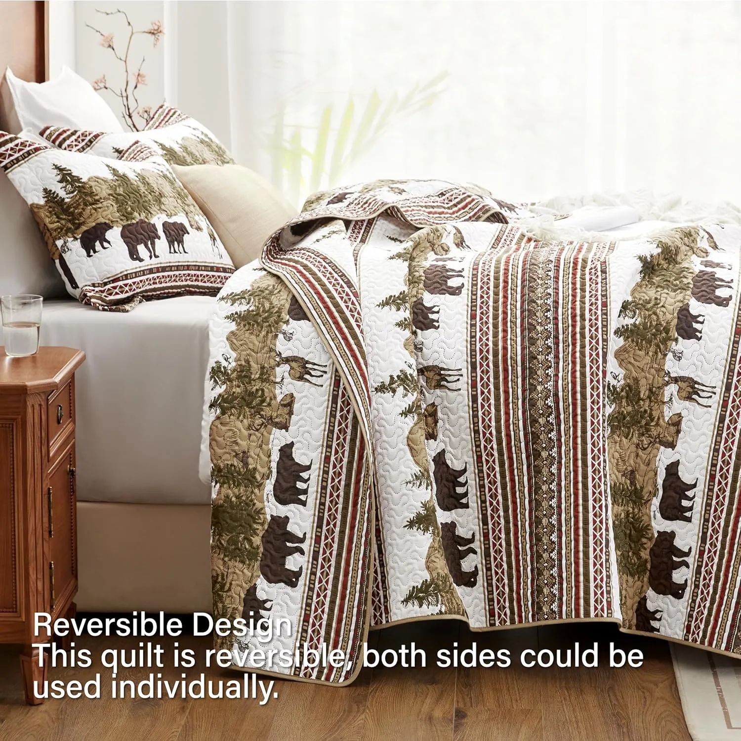 Christmas Cabin Quilt Sets Queen, 3-Piece Lightweight Reversible All Season Bear Quilt Set, Lodge Bedspread Queen Size Quilt with 2 Shams, Rustic Quilt Coverlet Bed Set
