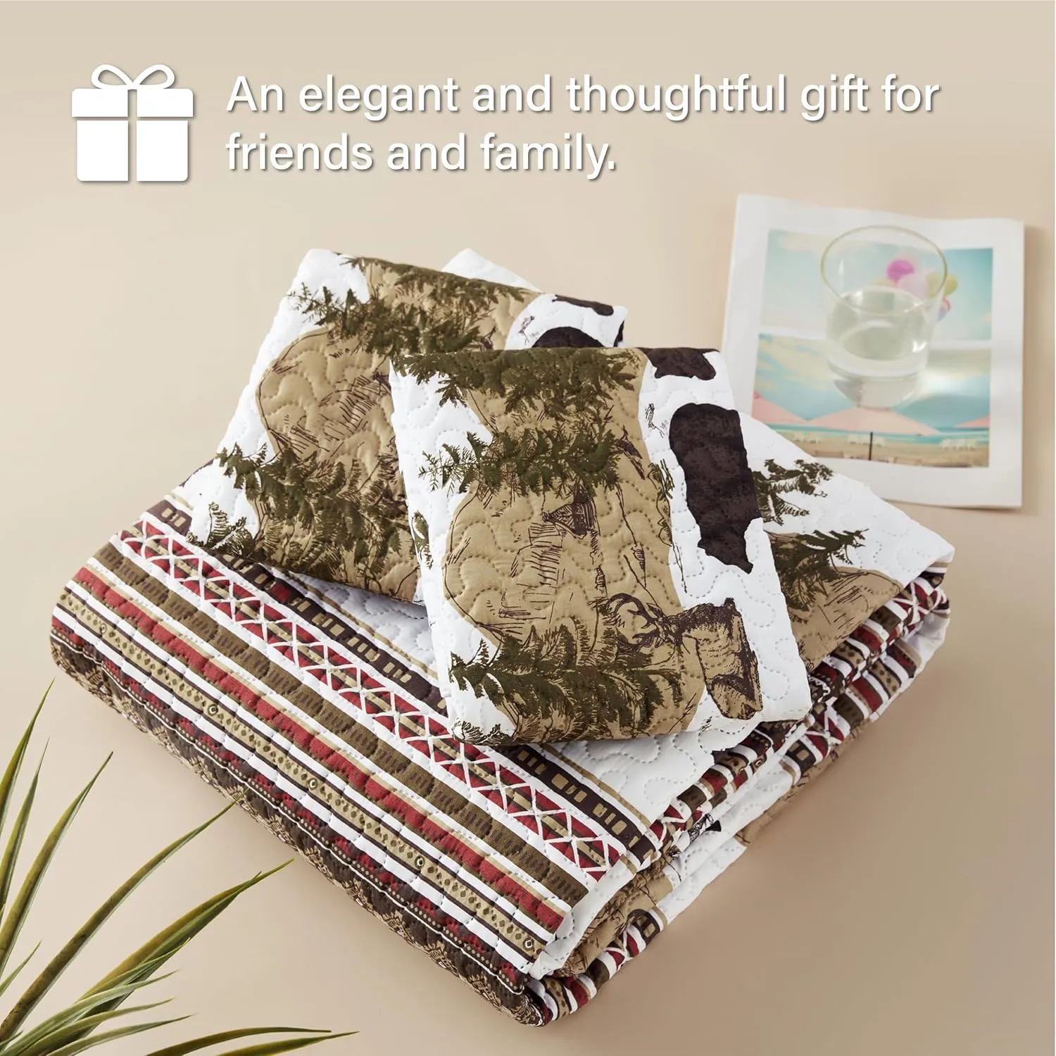 Christmas Cabin Quilt Sets Queen, 3-Piece Lightweight Reversible All Season Bear Quilt Set, Lodge Bedspread Queen Size Quilt with 2 Shams, Rustic Quilt Coverlet Bed Set