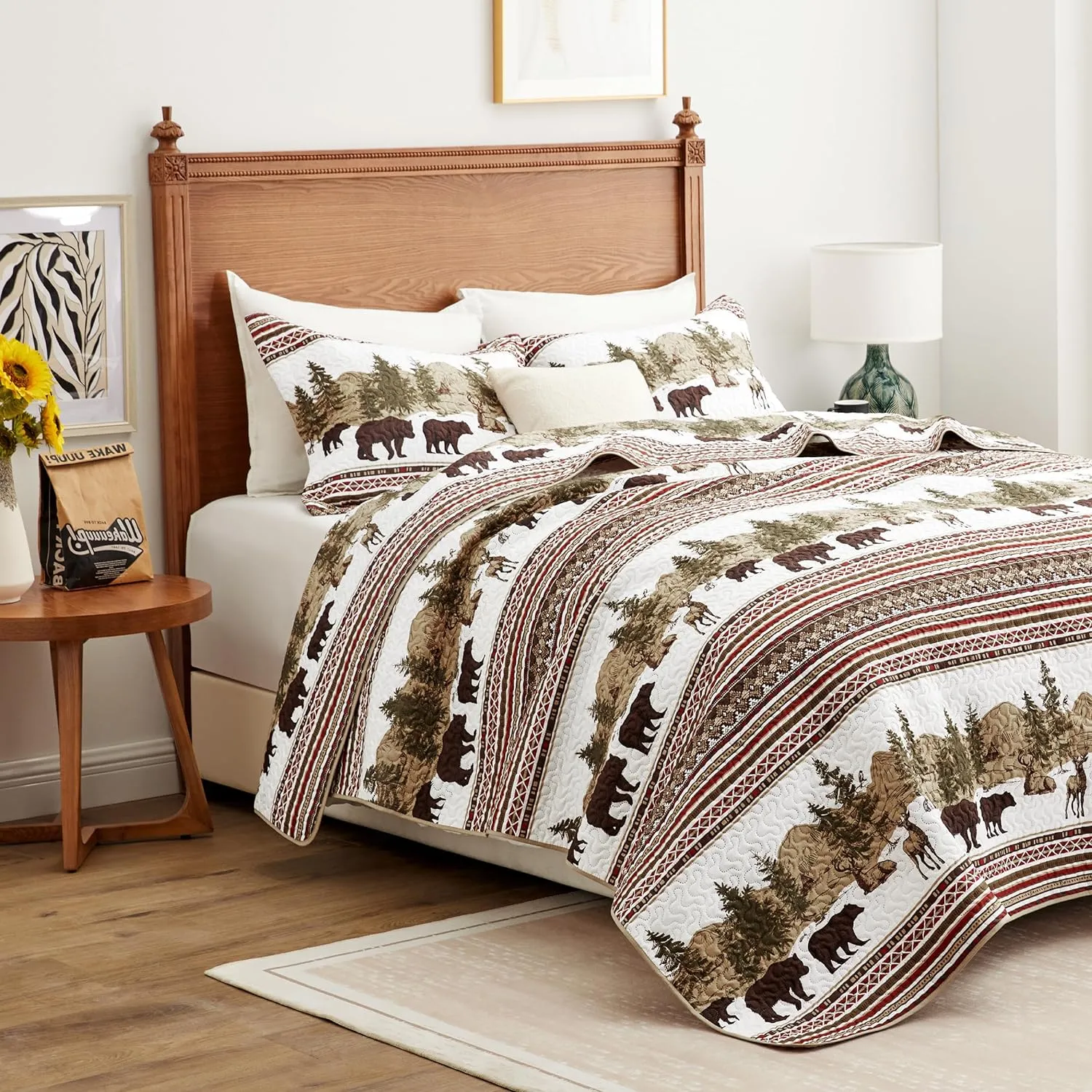 Christmas Cabin Quilt Sets Queen, 3-Piece Lightweight Reversible All Season Bear Quilt Set, Lodge Bedspread Queen Size Quilt with 2 Shams, Rustic Quilt Coverlet Bed Set
