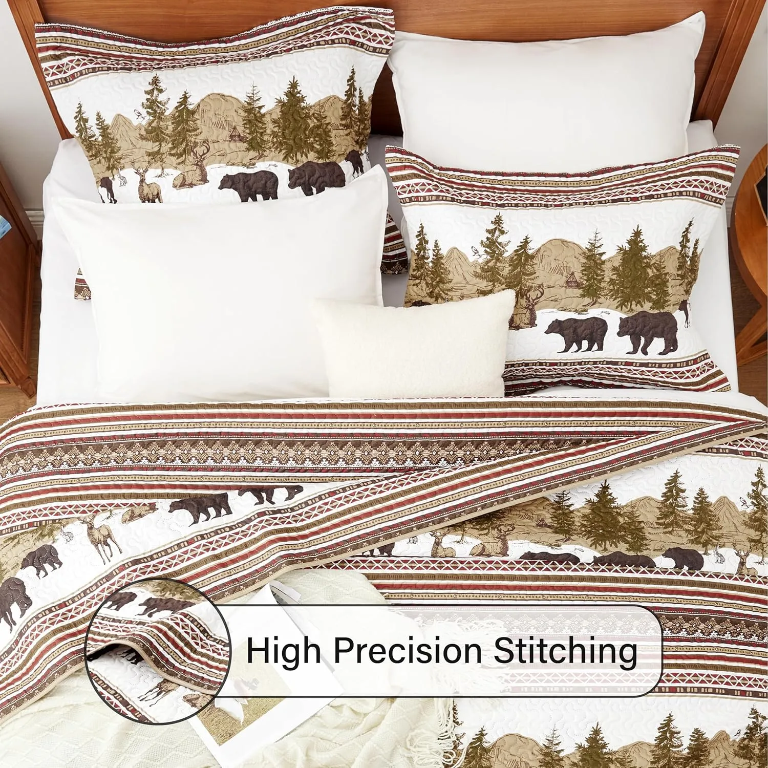 Christmas Cabin Quilt Sets Queen, 3-Piece Lightweight Reversible All Season Bear Quilt Set, Lodge Bedspread Queen Size Quilt with 2 Shams, Rustic Quilt Coverlet Bed Set