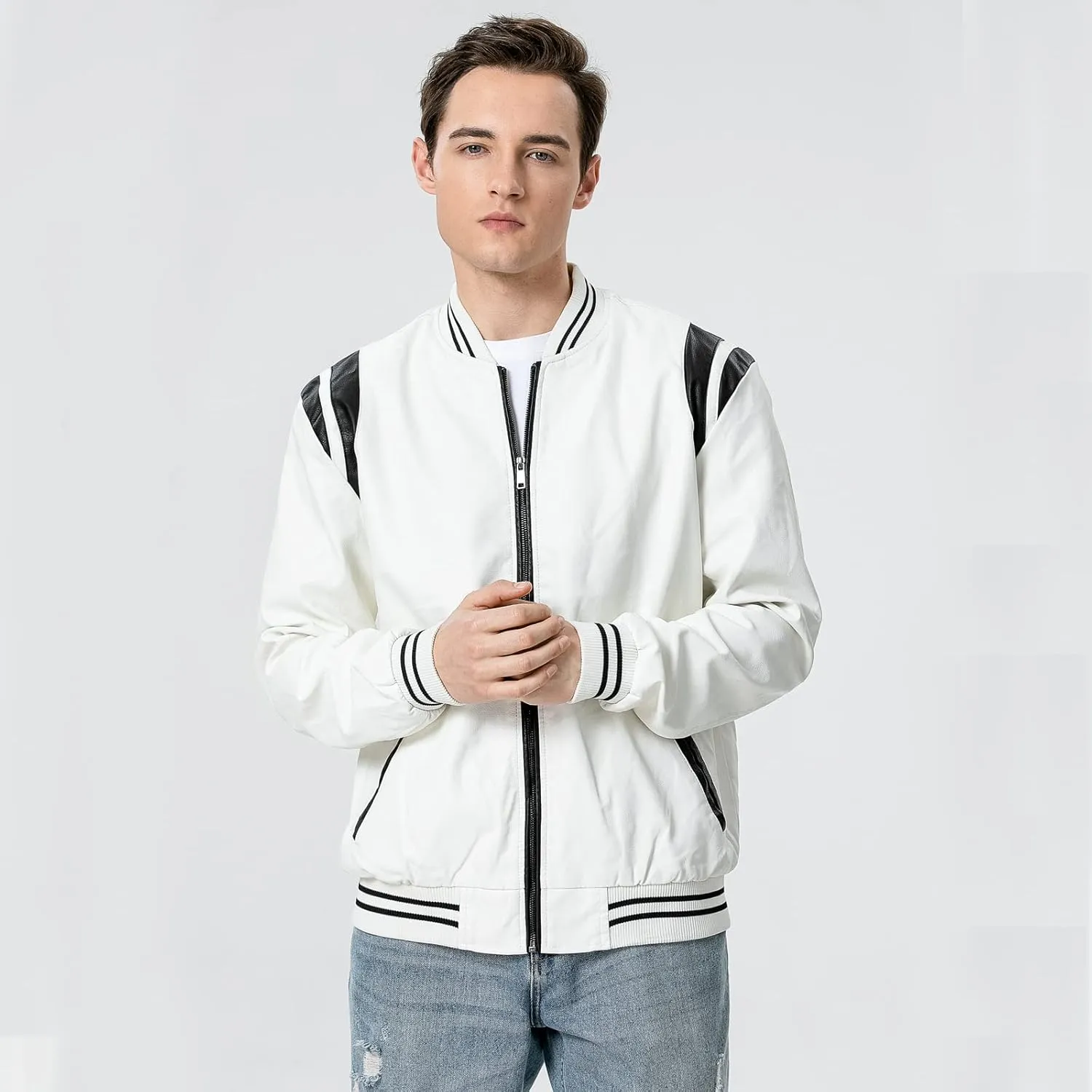 chuida Mens Stand Collar leather jacket Motorcycle Lightweight leather jacket men Faux Leather Bomber Casual Outwear