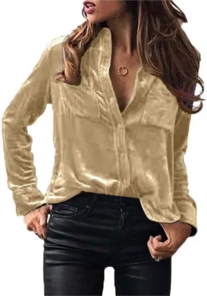 Chvity Velvet Tops for Women Vintage Long Sleeve Button Down Shirts Blouse for Pocket
