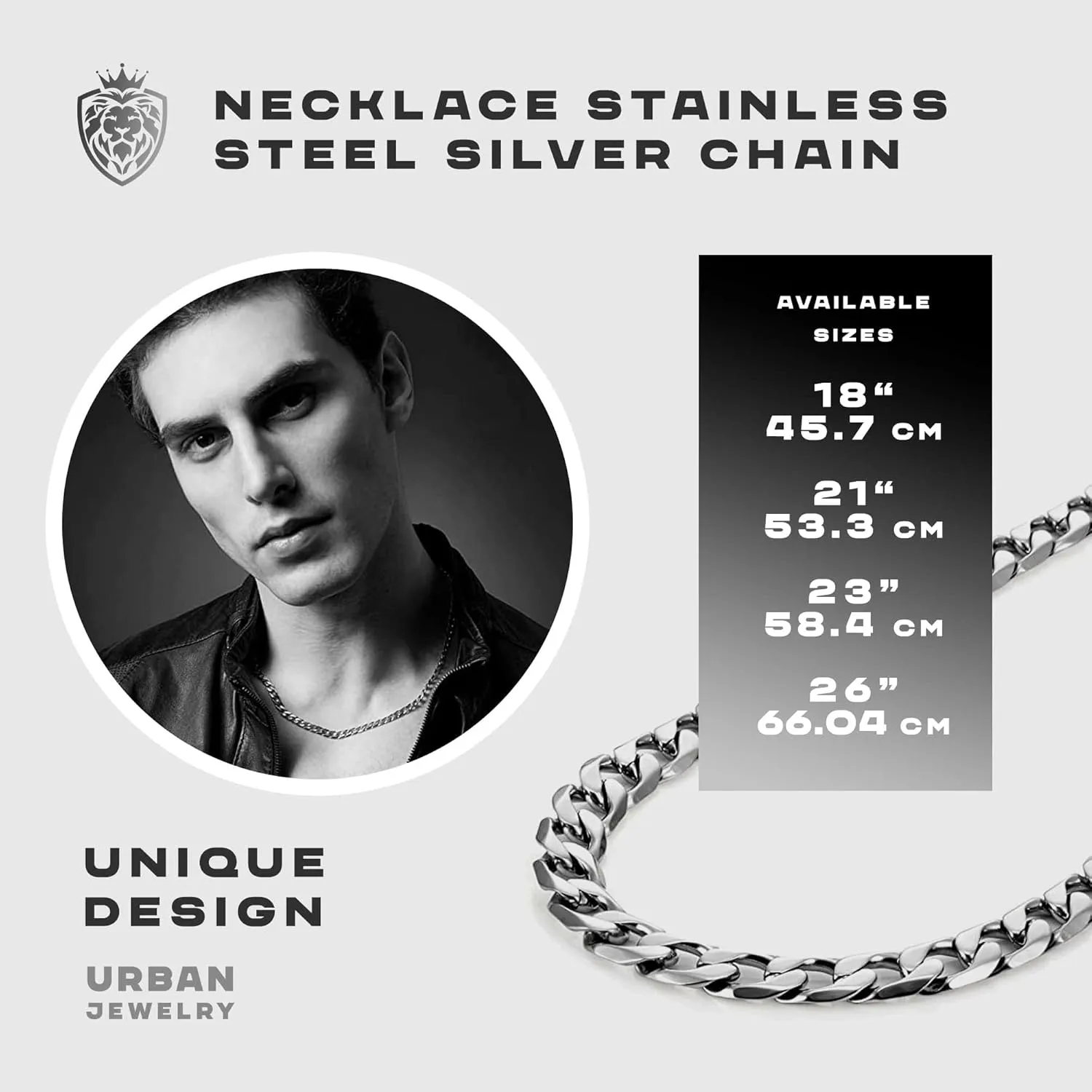 Classic Mens Link Chain Necklace, Cuban Style, Silver, Black or 24K Gold Plated, 316L Stainless Steel Link Chain 19", 21", 23", 26" Inches (6, 8, 10 mm Wide) Branded Gift Box, Men's Jewelry Gift