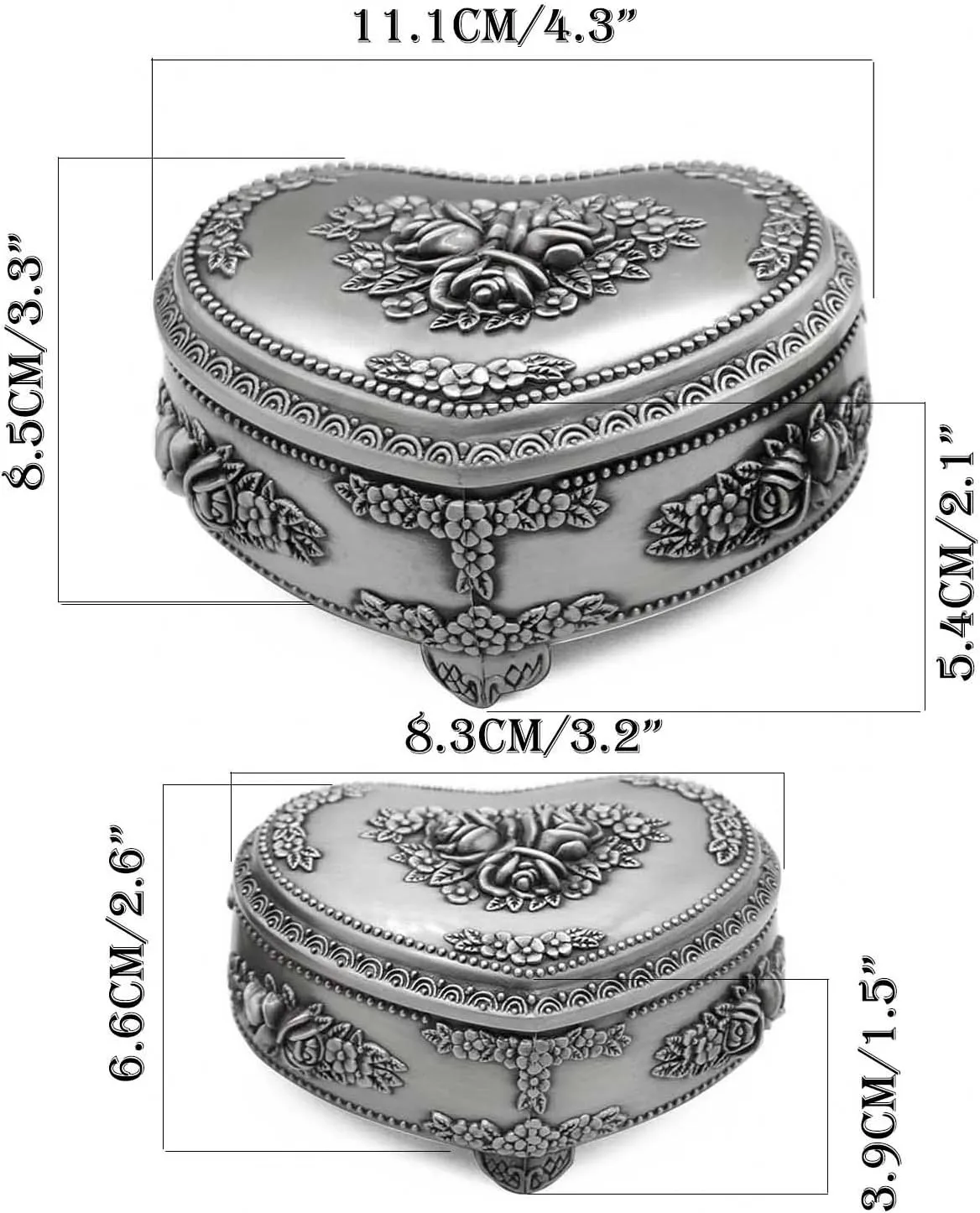 Classic Vintage Heart Shape Metal Jewelry Box Ring Trinket Storage Organizer Chest Christmas Gift, Medium