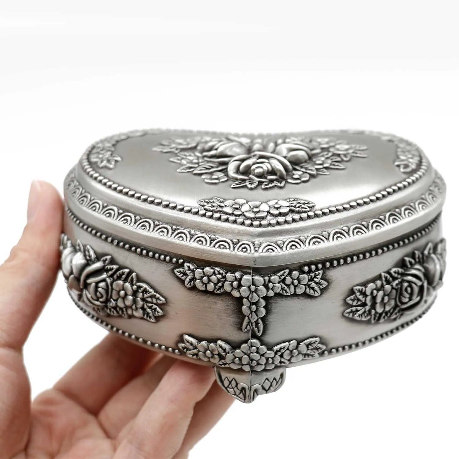 Classic Vintage Heart Shape Metal Jewelry Box Ring Trinket Storage Organizer Chest Christmas Gift, Medium