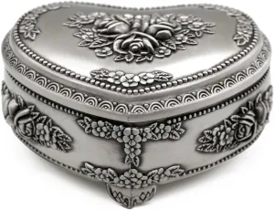 Classic Vintage Heart Shape Metal Jewelry Box Ring Trinket Storage Organizer Chest Christmas Gift, Medium