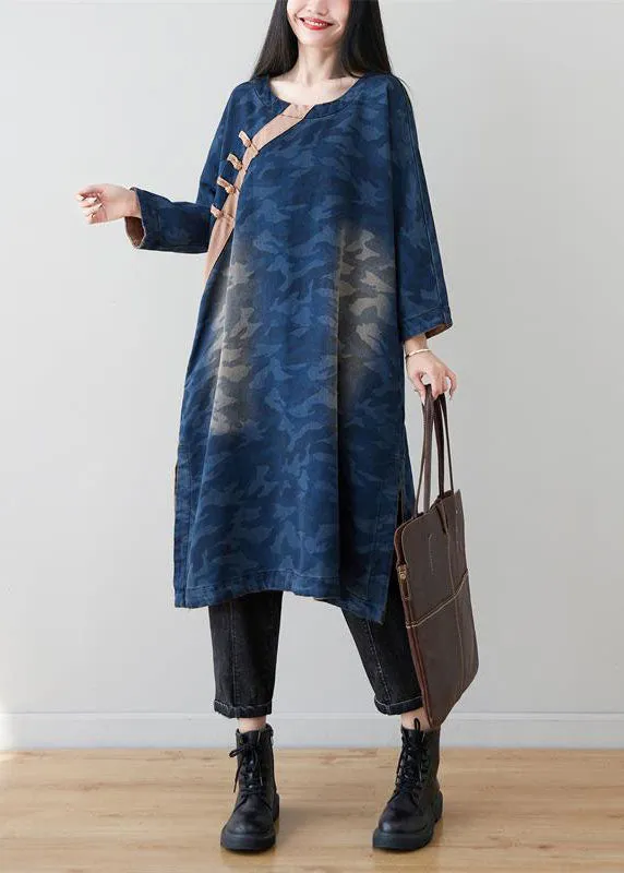 Classy Blue Camouflage Patchwork Chinese Button Denim Dresses
