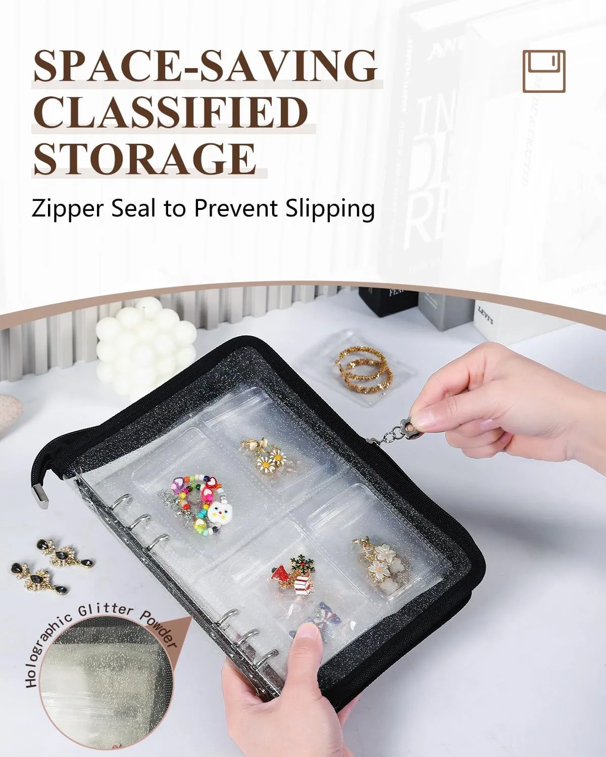 Clear Jewelry Organizer Book Travel Earring Storage Book Transparent Jewelry Storage Case with Zipper Pouch, Black