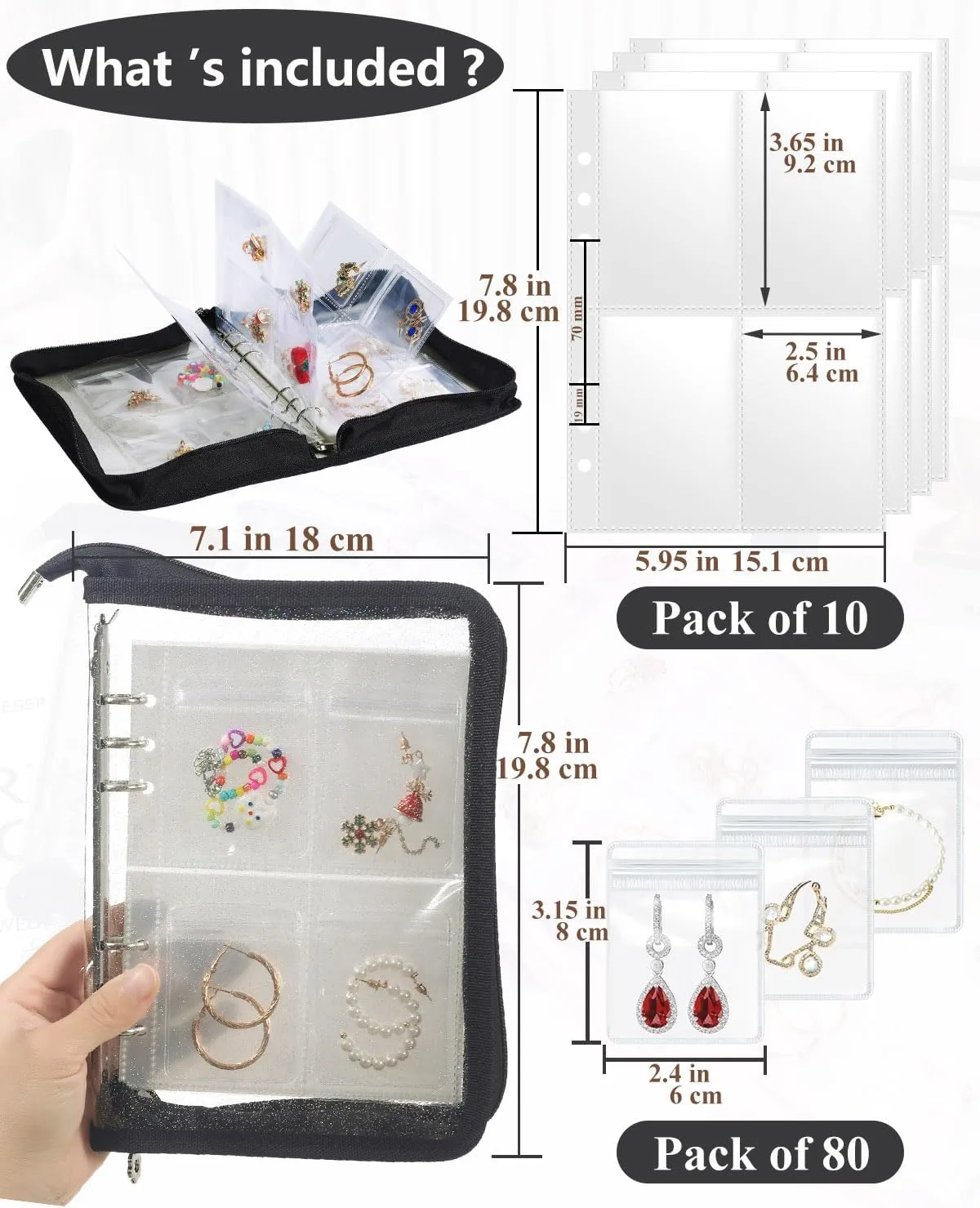 Clear Jewelry Organizer Book Travel Earring Storage Book Transparent Jewelry Storage Case with Zipper Pouch, Black