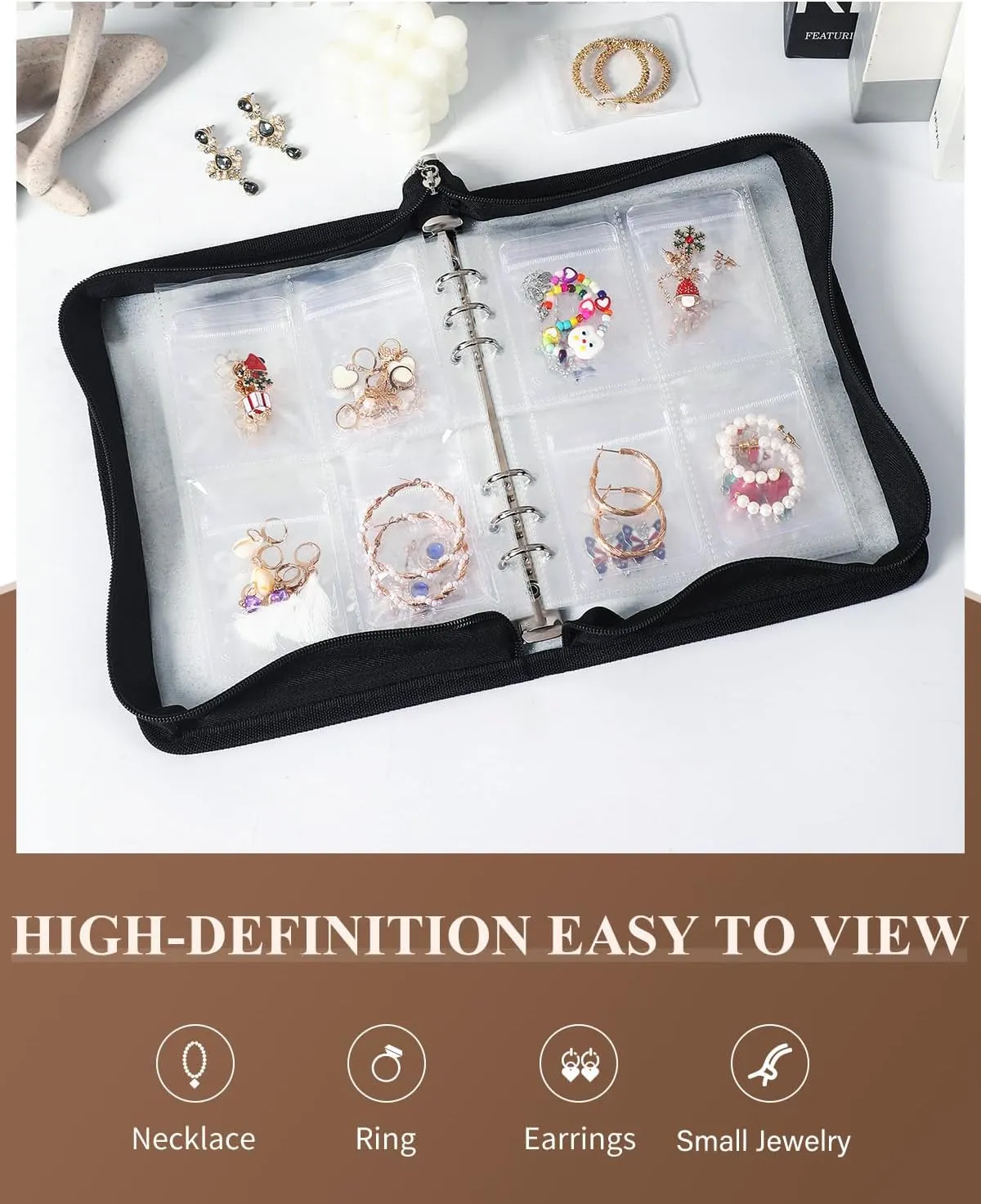 Clear Jewelry Organizer Book Travel Earring Storage Book Transparent Jewelry Storage Case with Zipper Pouch, Black