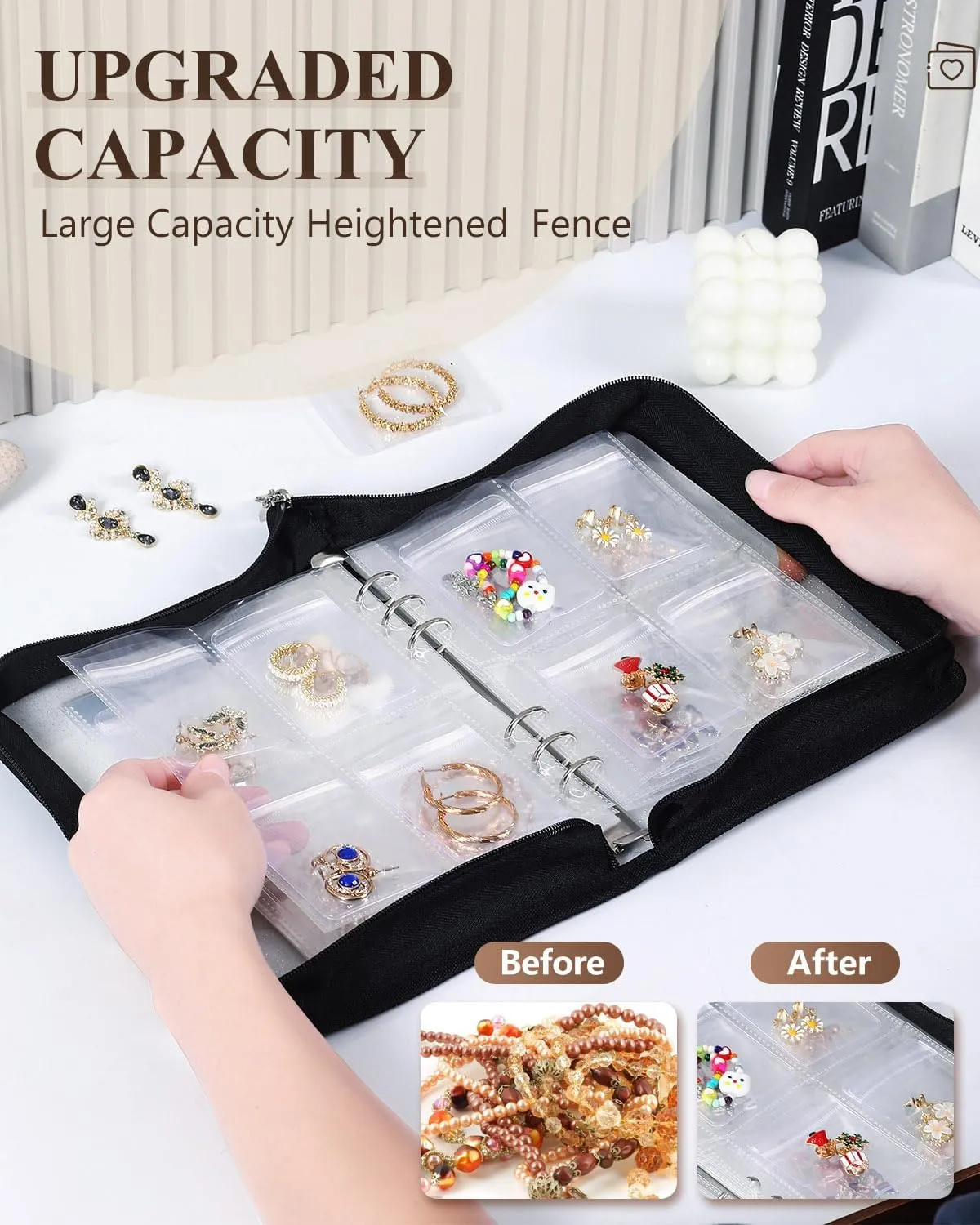 Clear Jewelry Organizer Book Travel Earring Storage Book Transparent Jewelry Storage Case with Zipper Pouch, Black