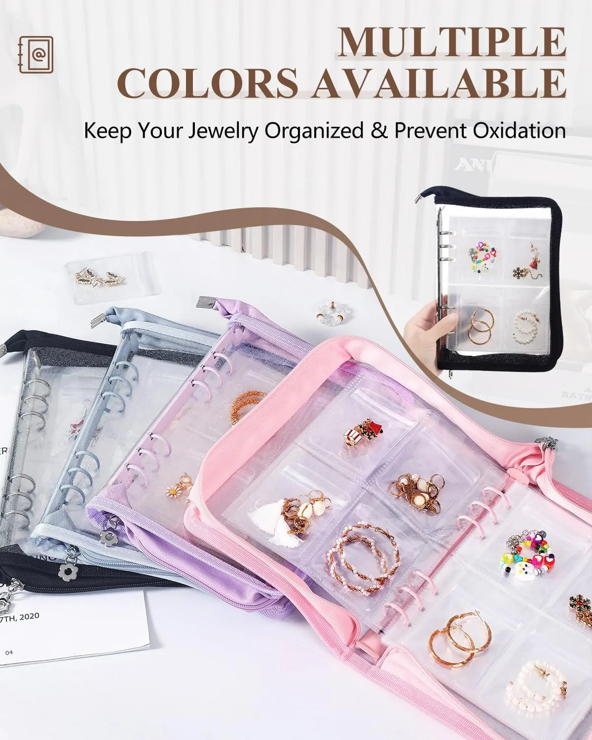 Clear Jewelry Organizer Book Travel Earring Storage Book Transparent Jewelry Storage Case with Zipper Pouch, Black
