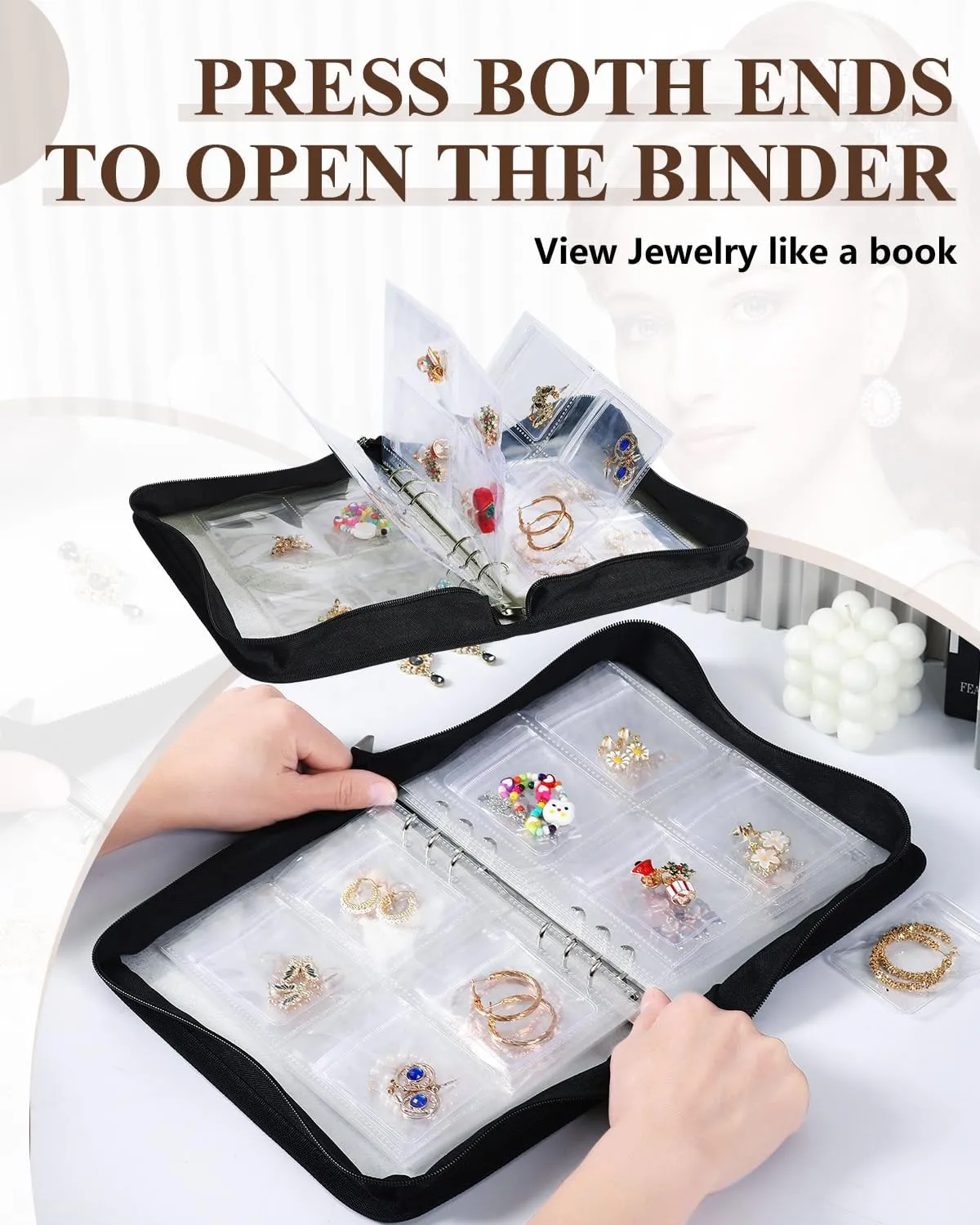 Clear Jewelry Organizer Book Travel Earring Storage Book Transparent Jewelry Storage Case with Zipper Pouch, Black