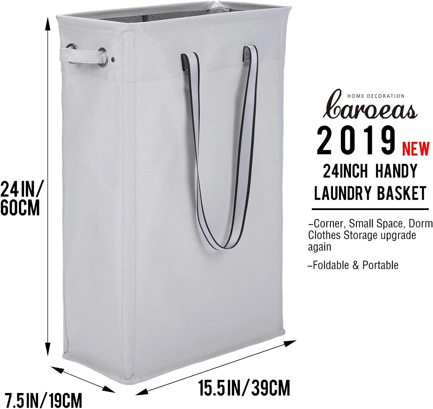Clothes Basket, Caroeas 24" Handy Hanging Laundry Basket Tall & Slim Hamper Waterproof Laundry Bag Collapsible Travel Laundry Bag with Breathable Mesh Cover & Soft Handle Laundry Hamper (Light Grey)