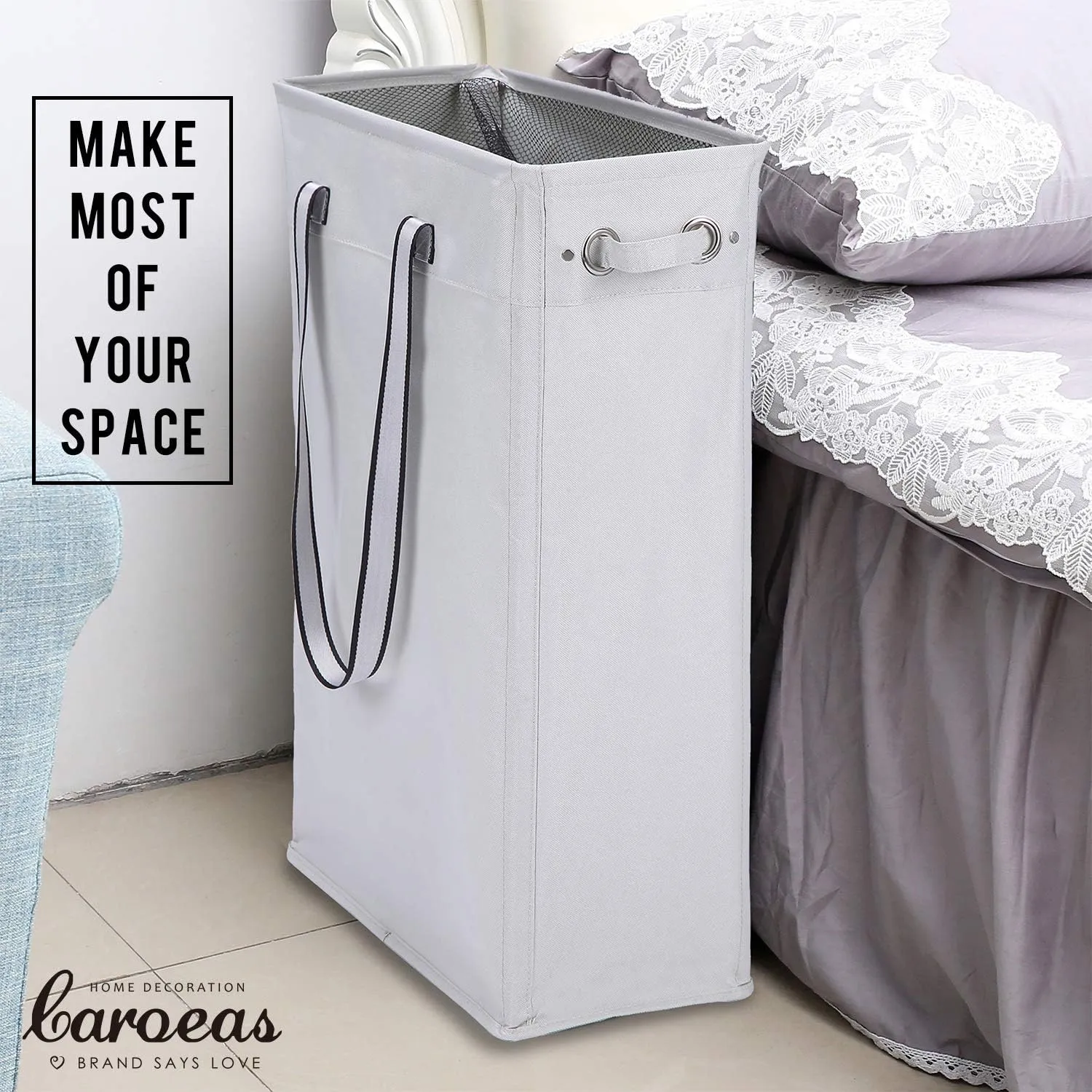 Clothes Basket, Caroeas 24" Handy Hanging Laundry Basket Tall & Slim Hamper Waterproof Laundry Bag Collapsible Travel Laundry Bag with Breathable Mesh Cover & Soft Handle Laundry Hamper (Light Grey)